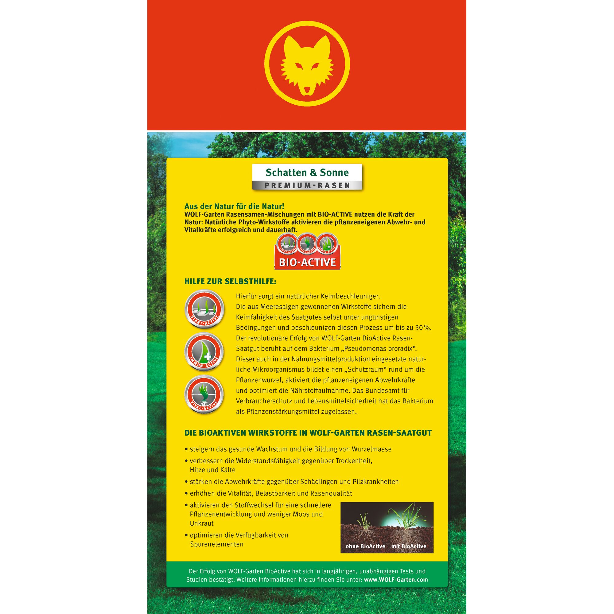 Product packaging of WOLFGarten Schatten & Sonne Premium Grass Seed with BIO-ACTIVE. The packaging features a red section with a yellow wolf logo at the top, a yellow background with detailed information about the benefits of the BIO-ACTIVE formula for improving seed germination, plant defense, and vitality. Icons highlight features such as growth acceleration and resistance to pests. Includes comparison image of grass with and without BIO-ACTIVE.