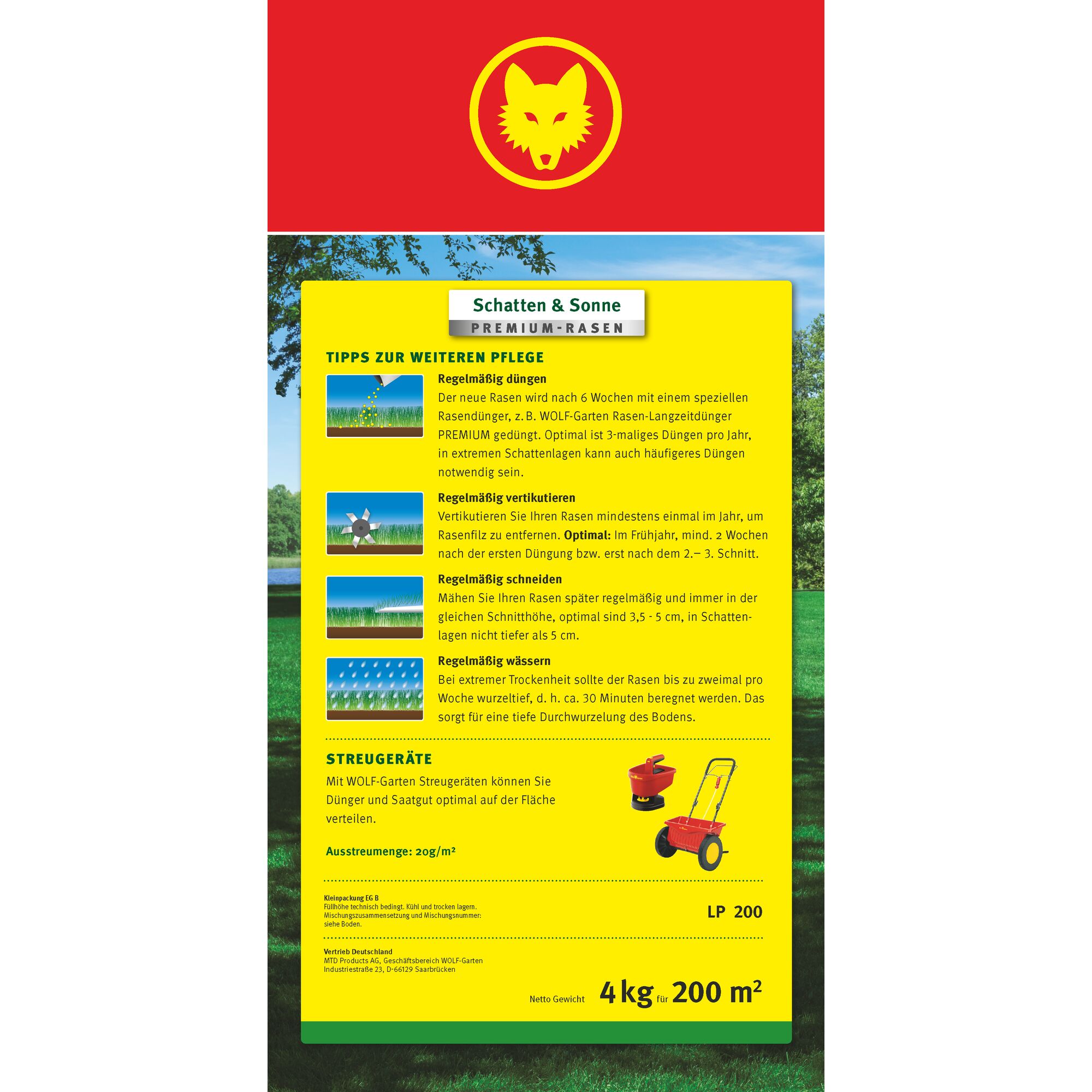 WOLFGarten product packaging for 'Schatten & Sonne Premium-Rasen' (Shade & Sun Premium Lawn), containing care tips for lawn maintenance including regular fertilising, aerating, mowing, and watering. Instructions for using spreaders and product coverage details (4 kg for 200 m²) are also shown. The packaging features a red area with a yellow wolf logo at the top.