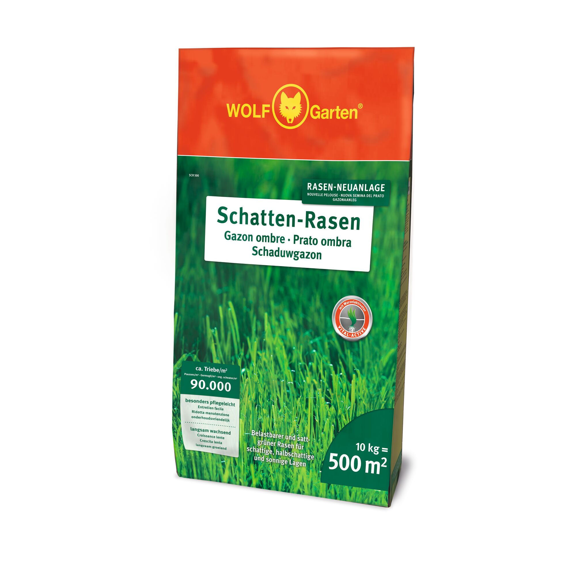 A bag of WOLFGarten Schatten-Rasen lawn seed, designed for shaded, semi-shaded, and sunny areas, with coverage for 500 m² and weighing 10 kg. The packaging is red and green with images of grass and product information in multiple languages.