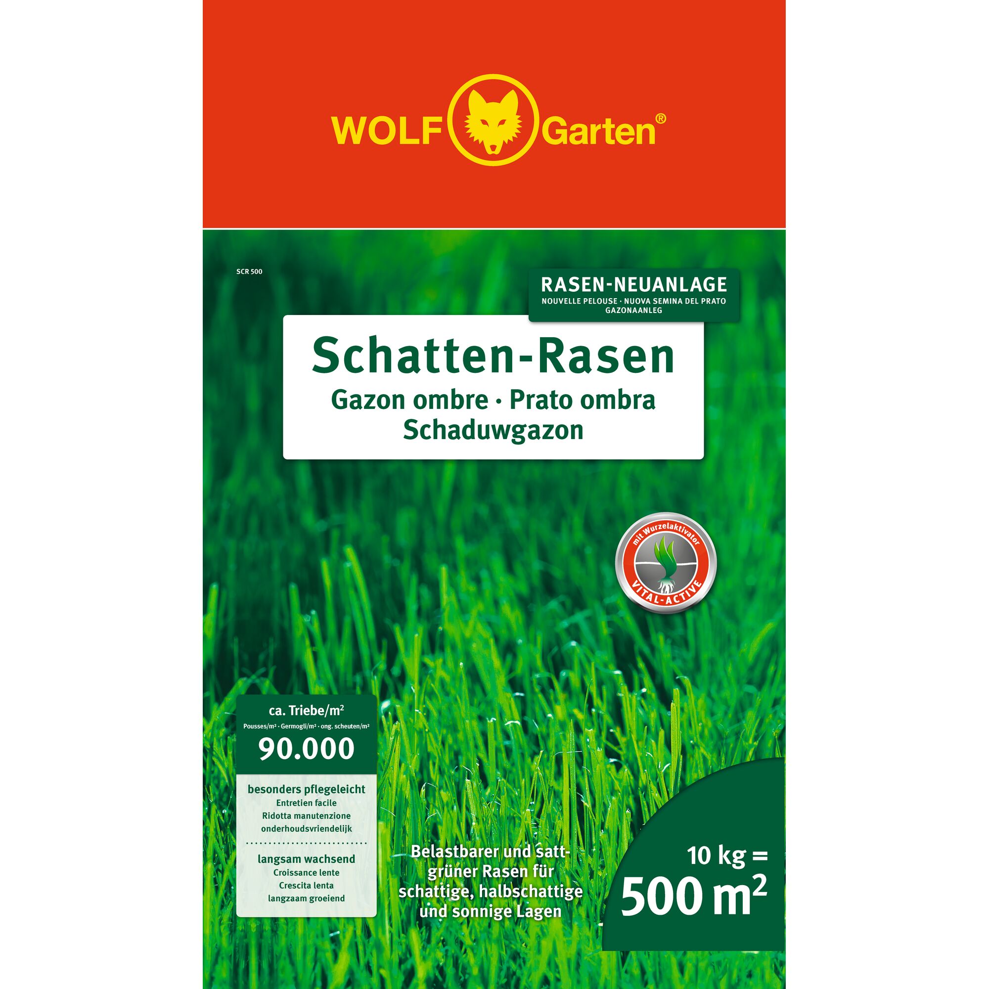 Packaging of WOLFGarten Schatten-Rasen lawn seed, displaying information in multiple languages including French, Italian, and Dutch. The box has an image of green grass and highlights that it is suitable for shady, semi-shady, and sunny areas, covers 500 m² with 10 kg, and produces dense greenery.
