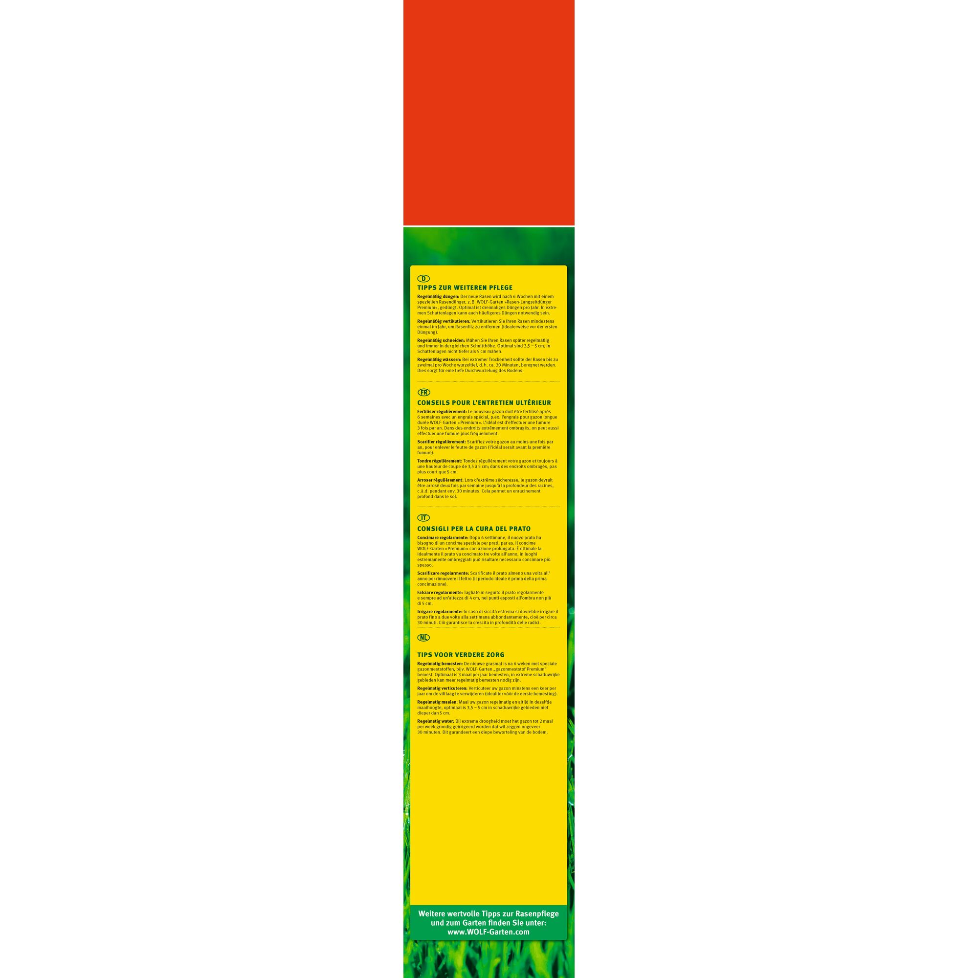 Long rectangular packaging featuring the WOLFGarten brand. The lower section contains tips for lawn care and maintenance in four languages (German, French, Italian, Dutch), printed on a yellow background with green grass graphics. The top section is solid red.