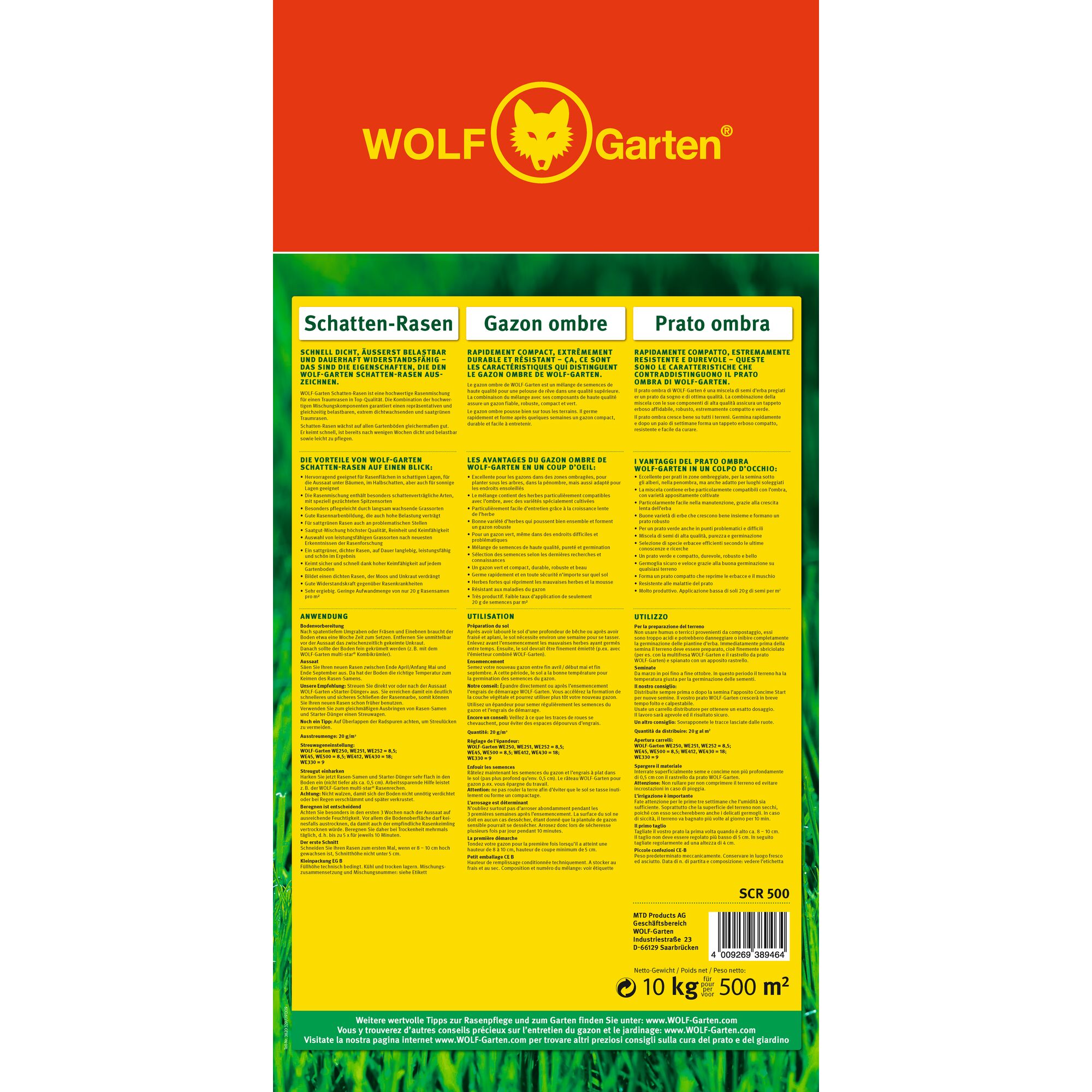 Back packaging of a WOLFGarten lawn seed product for shaded areas. The design features a red and yellow top section with WOLFGarten branding and a yellow information panel describing the product in German, French, and Italian. The package includes usage instructions and benefits for the shadow lawn seed, with a barcode, product weight of 10 kg, and coverage of 500 m² displayed at the bottom.