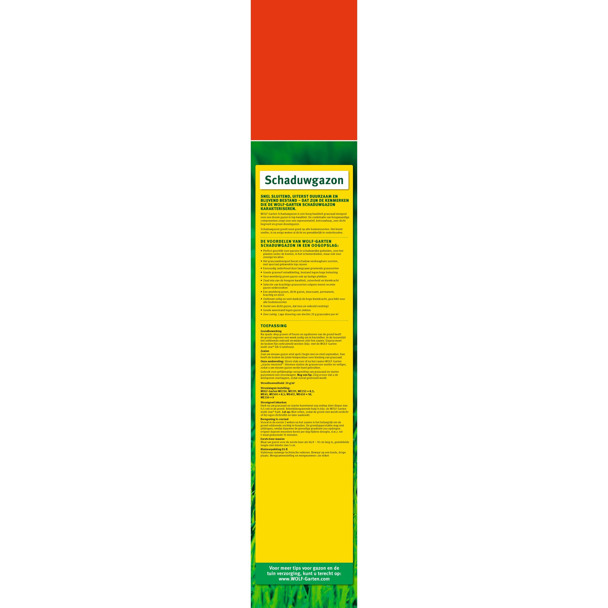 WOLFGarten product packaging for 'Schaduwgazon', featuring a tall rectangular design with a red top section, a yellow panel with information in Dutch, and green grass images at the bottom. The label explains features, application instructions, and website details.