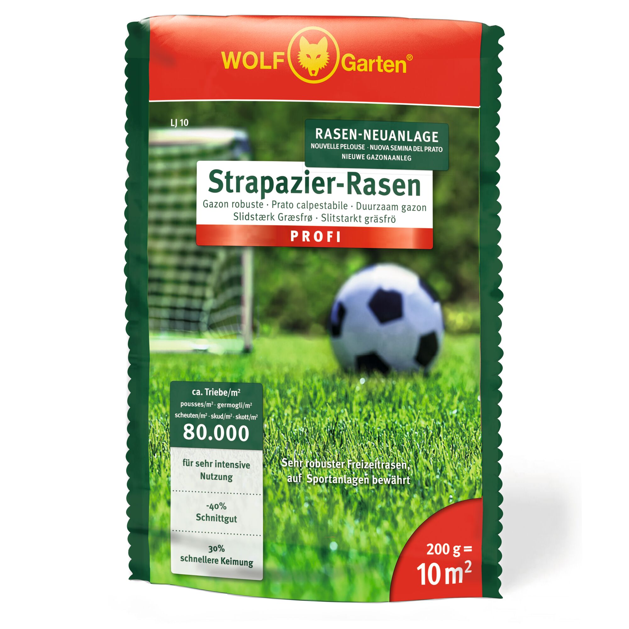A package of WOLF-Garten heavy-duty lawn seed, labeled 'Strapazier-Rasen'. The packaging displays a football goal and ball on a lush green lawn, with information about the product's durability and coverage (200g for 10m2).