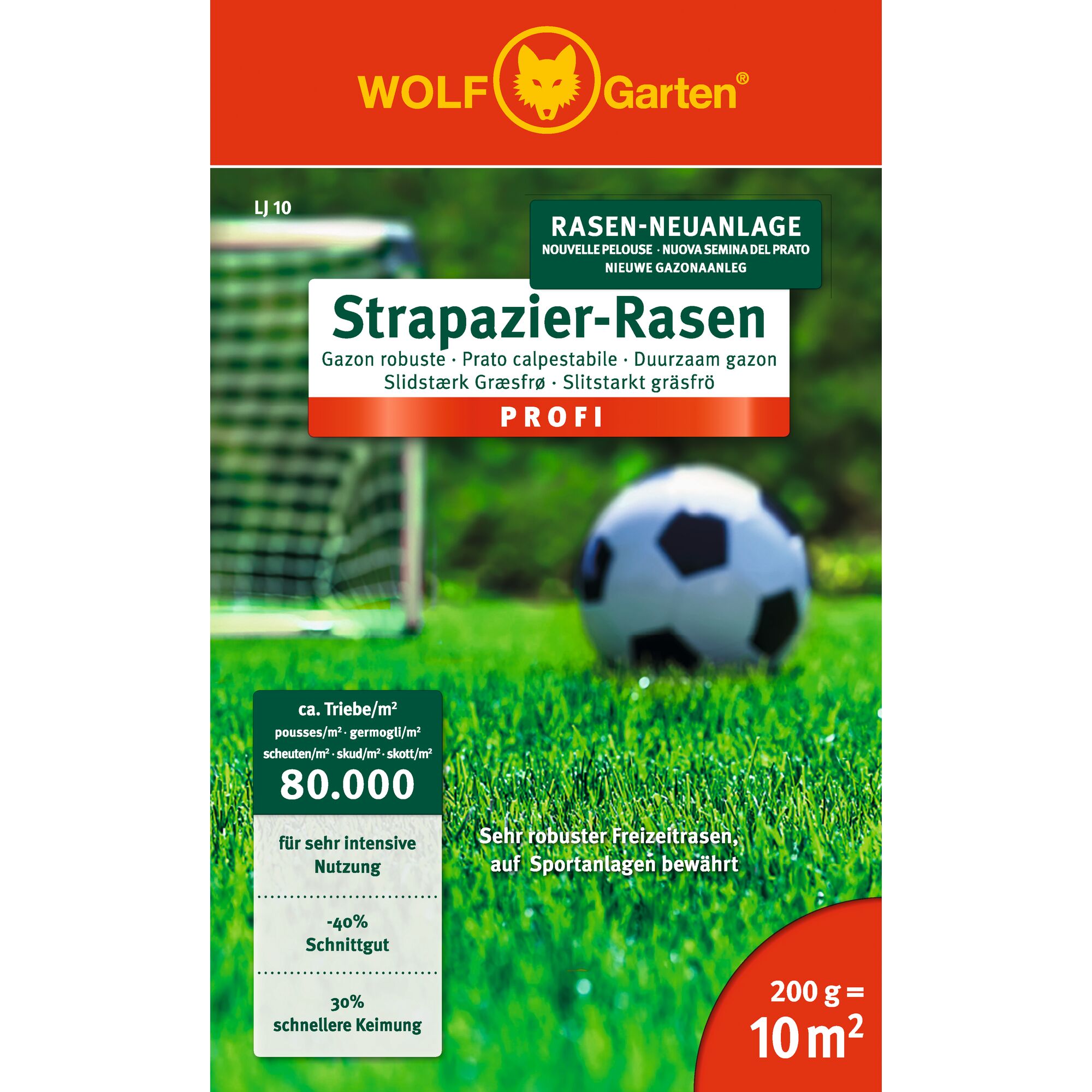 Front packaging of WOLF-Garten Strapazier-Rasen, a high-resilience lawn seed product for new lawns, featuring a close-up of green grass with a football and a goal net in the background. The packaging highlights durability for intense use, faster germination, and reduced mowing. Suitable for 10 m² (200 g).