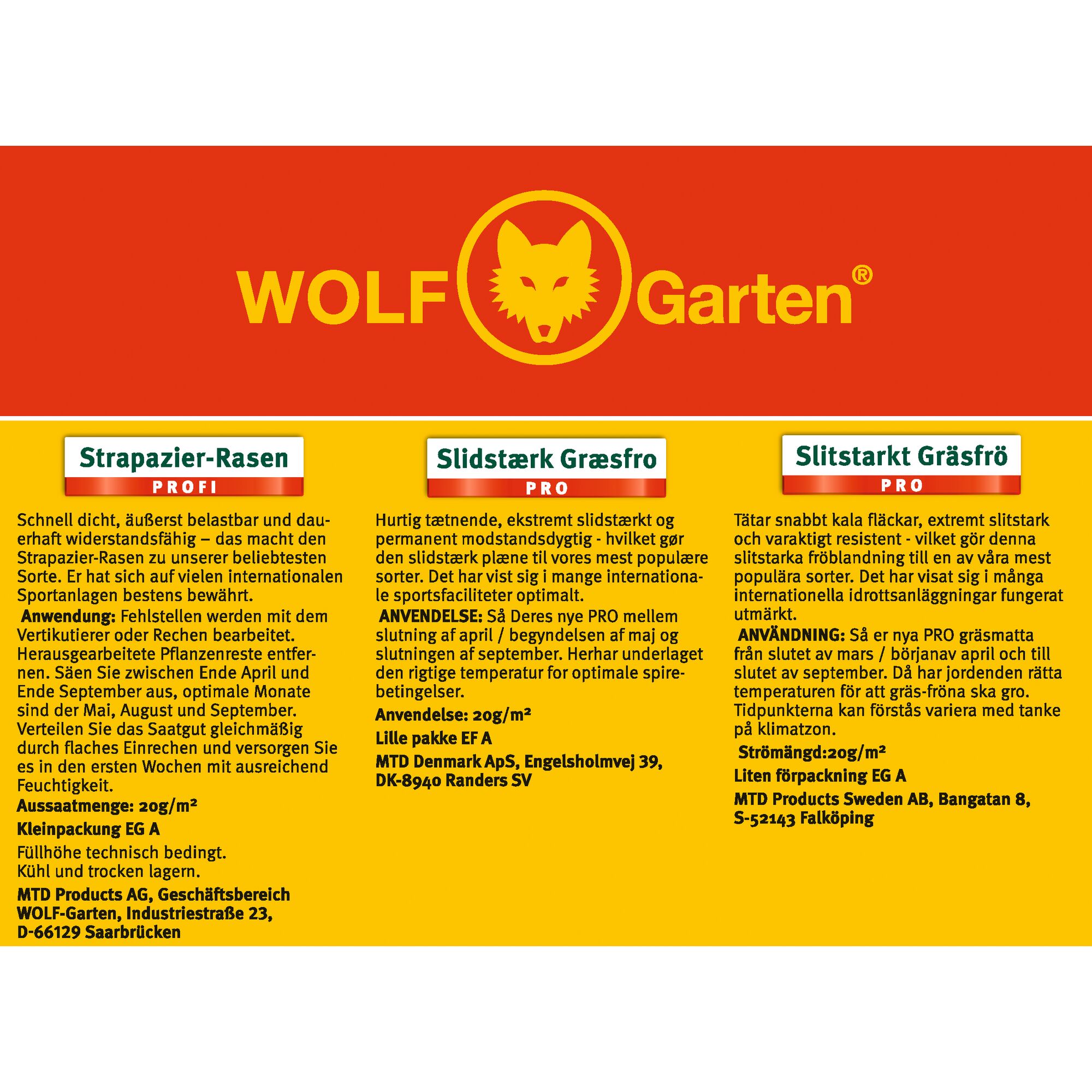 Product image featuring WOLFGarten branding at the top, with information about three types of professional sports lawn grass seeds in German, Danish, and Swedish. The three columns highlight 'Strapazier-Rasen PROF', 'Slidstærk Græsfro PRO', and 'Slitstarkt Gräsfrö PRO', featuring details like application instructions, seed quantity per square meter, and manufacturer contact information.