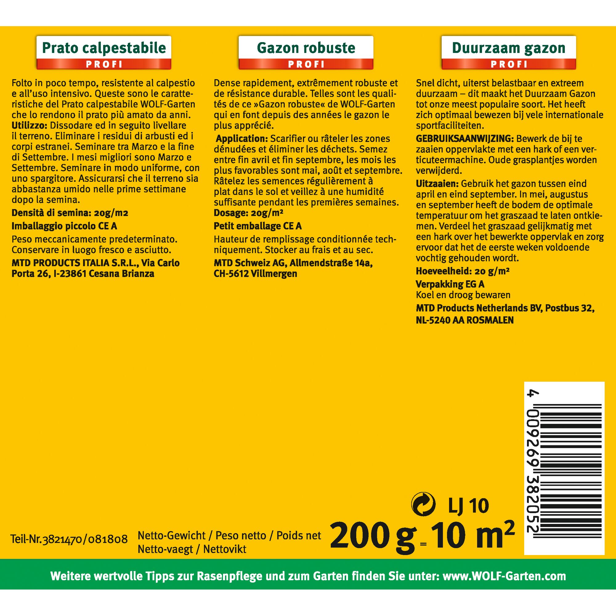 Product packaging for WOLFGarten lawn seed mix, with descriptions in Italian, French, and Dutch. Each section outlines the qualities, application instructions, dosage, and storage advice for a resilient lawn. The package is yellow with red headings and contains 200g for 10m². Barcode and manufacturer information are visible at the bottom.