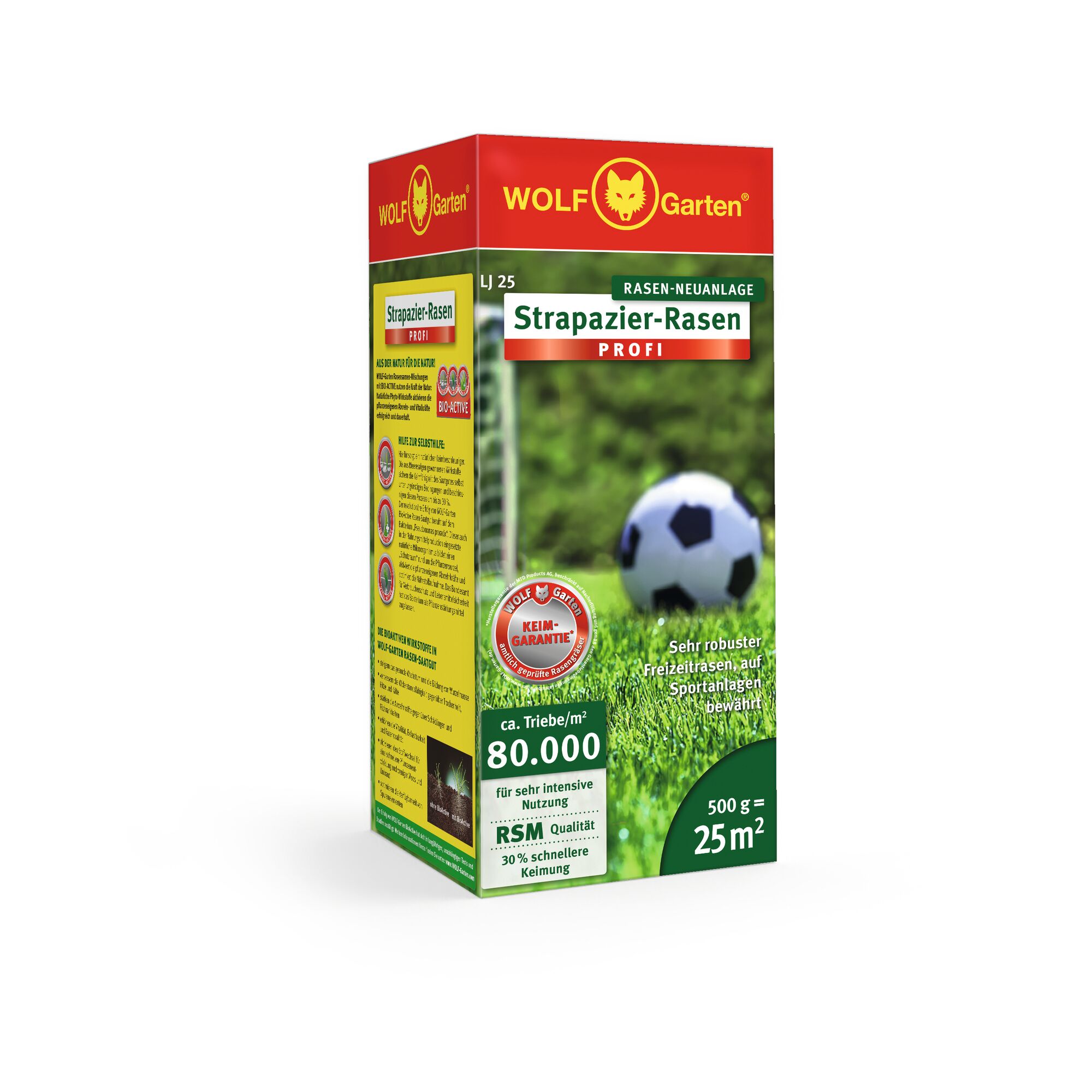 A box of WOLF Garten Strapazier-Rasen Profi lawn seed, showing a picture of green grass with a football. The packaging indicates it is suitable for intensive use, covers 25 square meters, weighs 500 grams, and promises robust turf for sports and leisure areas.