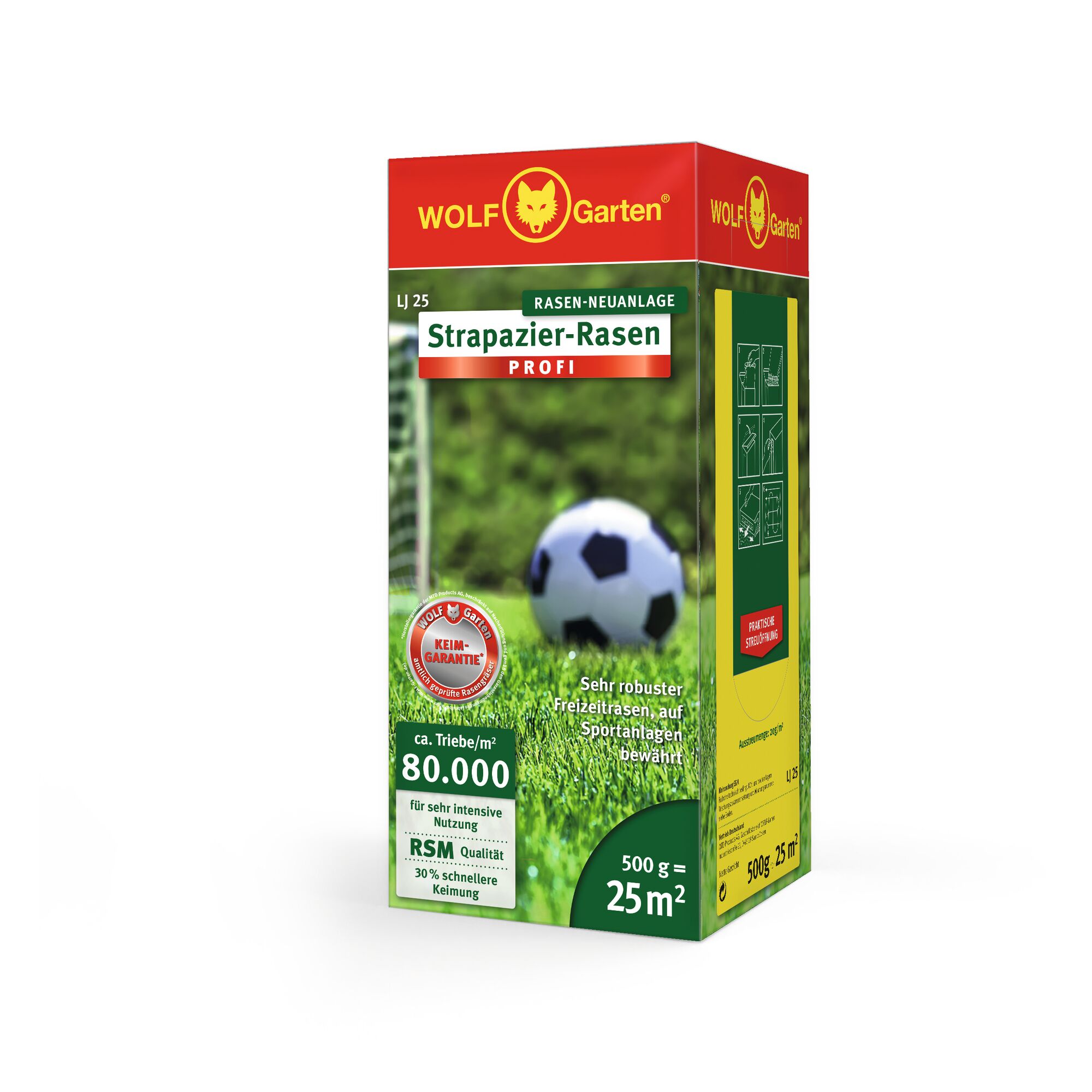 A box of WOLFGarten LJ 25 Profi lawn seed for creating a durable sports and leisure lawn, with a soccer ball and goal depicted. The box highlights features such as intensive use, high seed density, RSM quality, and coverage of 25 square meters with 500g.