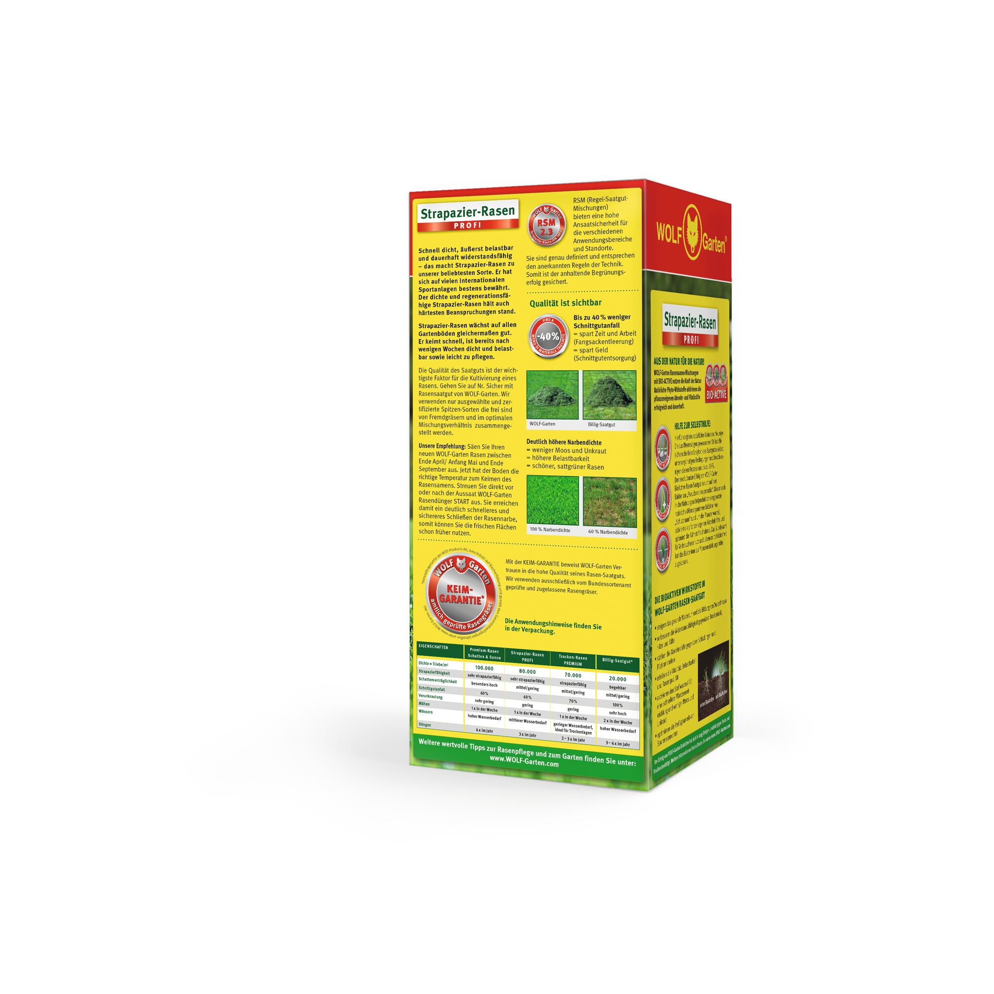 A rectangular yellow and red box of WOLFGarten lawn care product, specifically 'Strapazier-Rasen' (resilient grass seed), with detailed information, images, and charts printed on the side, indicating quality, usage instructions, and germination guarantee.