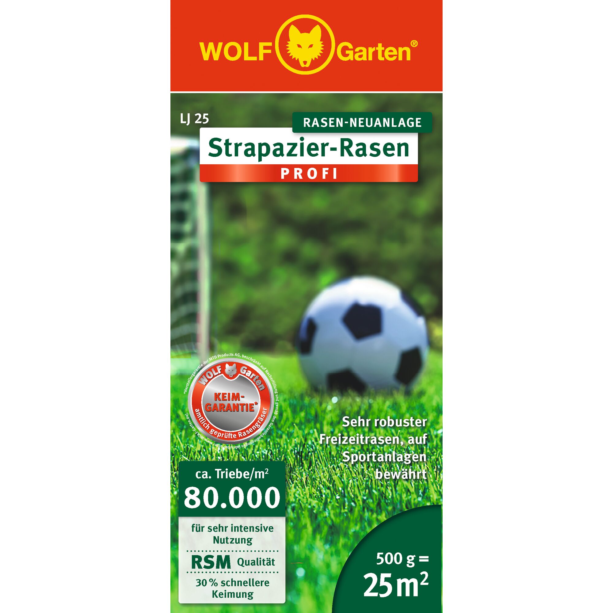 WOLFGarten Strapazier-Rasen Profi packaging for lawn seed, featuring a soccer ball on green grass in front of a goal. The package highlights robust, durable grass for sports and recreational areas, with a guarantee seal, RSM quality, fast germination, coverage of 25 m² for 500 g, and details in German.