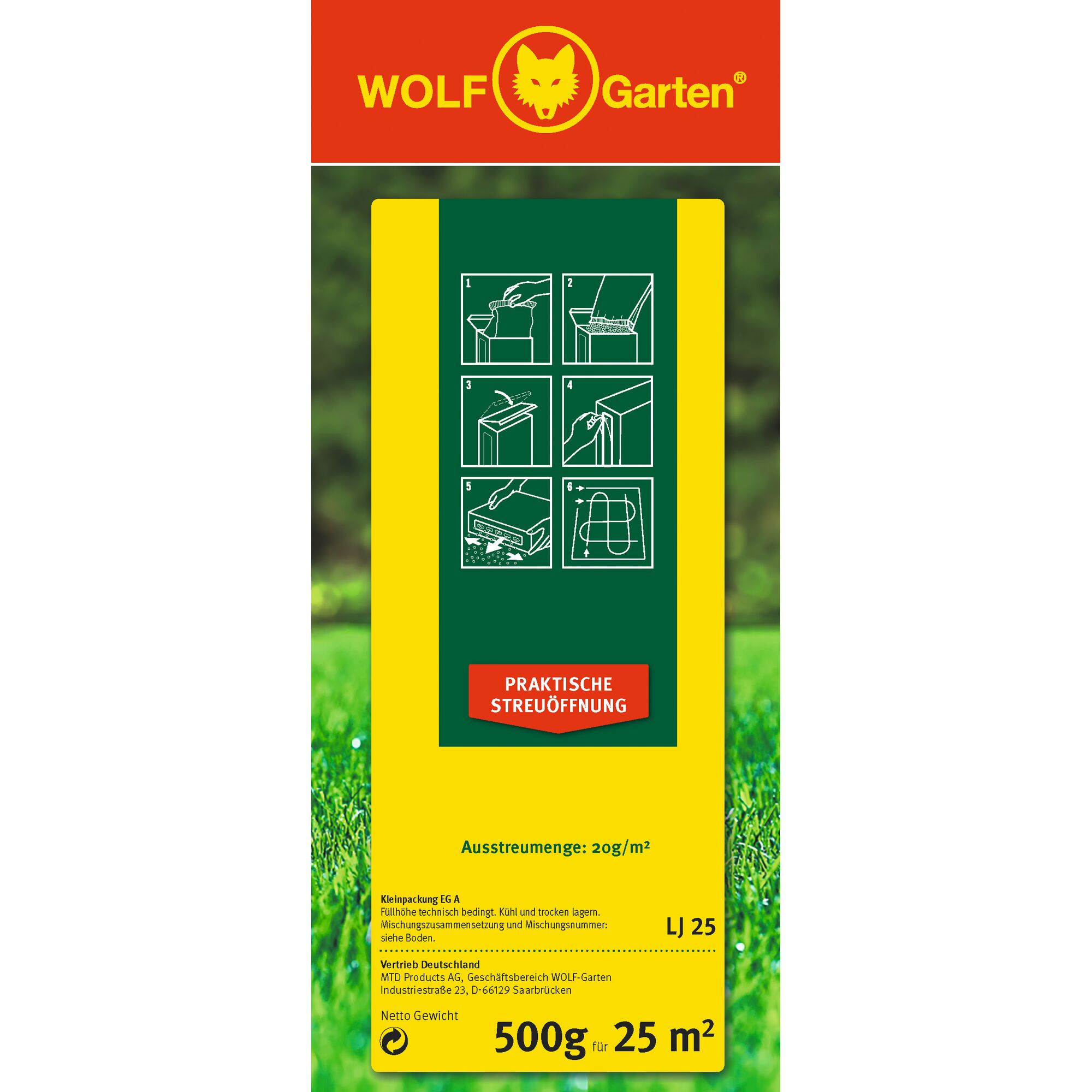 Front view of a WOLFGarten product packaging. The design features a red and yellow color scheme with the WOLFGarten logo at the top. There are illustrated instructions for use in six steps, a label stating 'PRAKTISCHE STREUÖFFNUNG' (practical spreading opening), and additional information including weight (500g), coverage area (25 m²), and usage details in German.