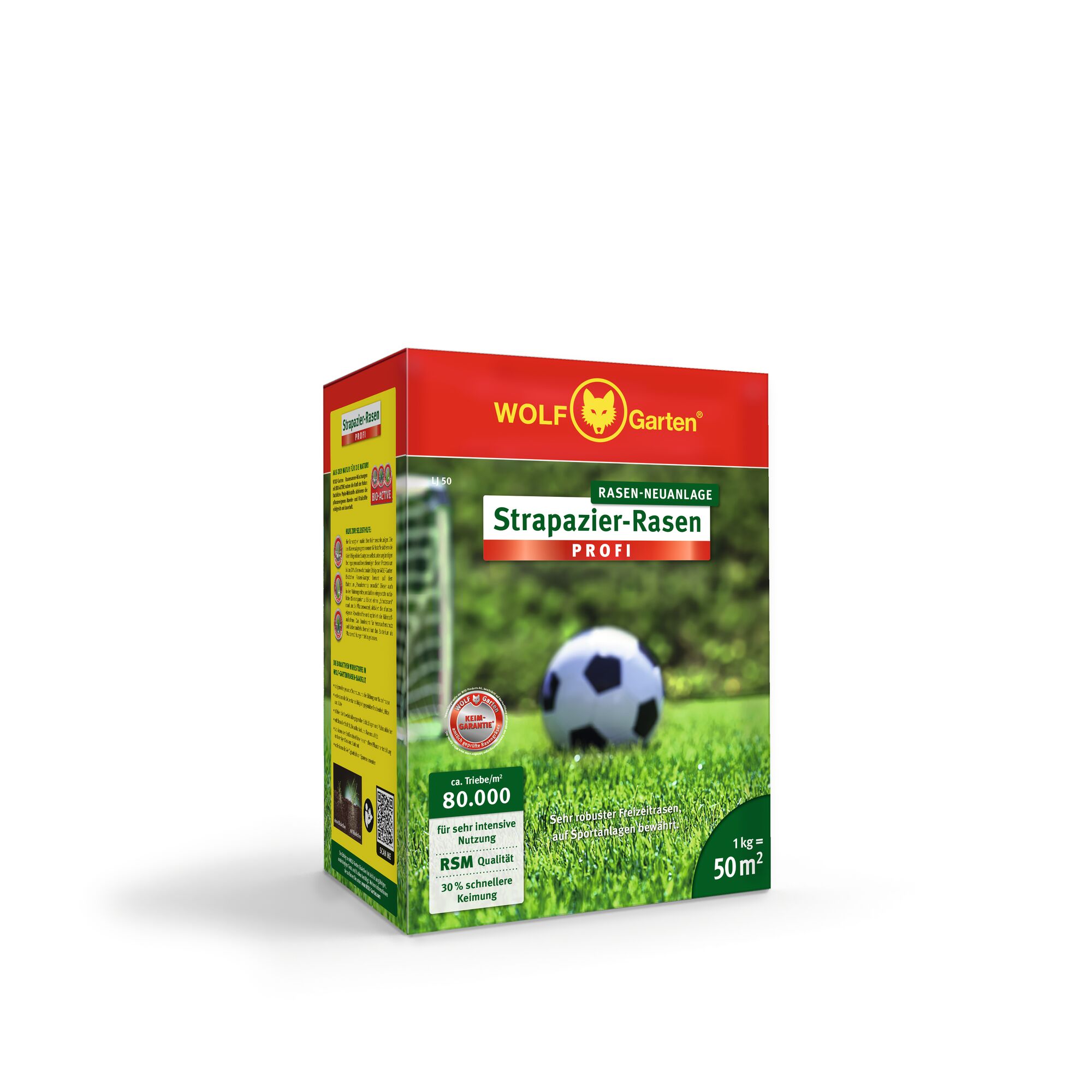 Box of WOLFGarten Strazapier-Rasen Profi lawn seed for new lawn installation, showing a soccer ball on grass. The packaging mentions 1 kg covers 50 square meters, high durability for intensive use, and faster germination.