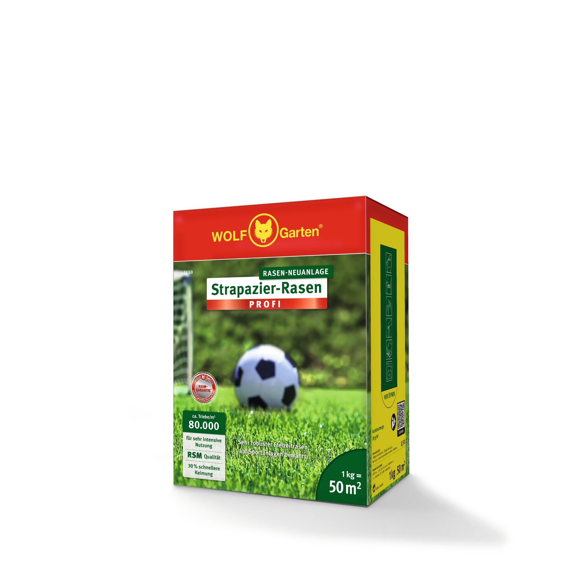 A box of WOLF Garten Strazapier-Rasen Profi lawn seed, designed for new lawns and intensive use, featuring a football on green grass and various product quality highlights.