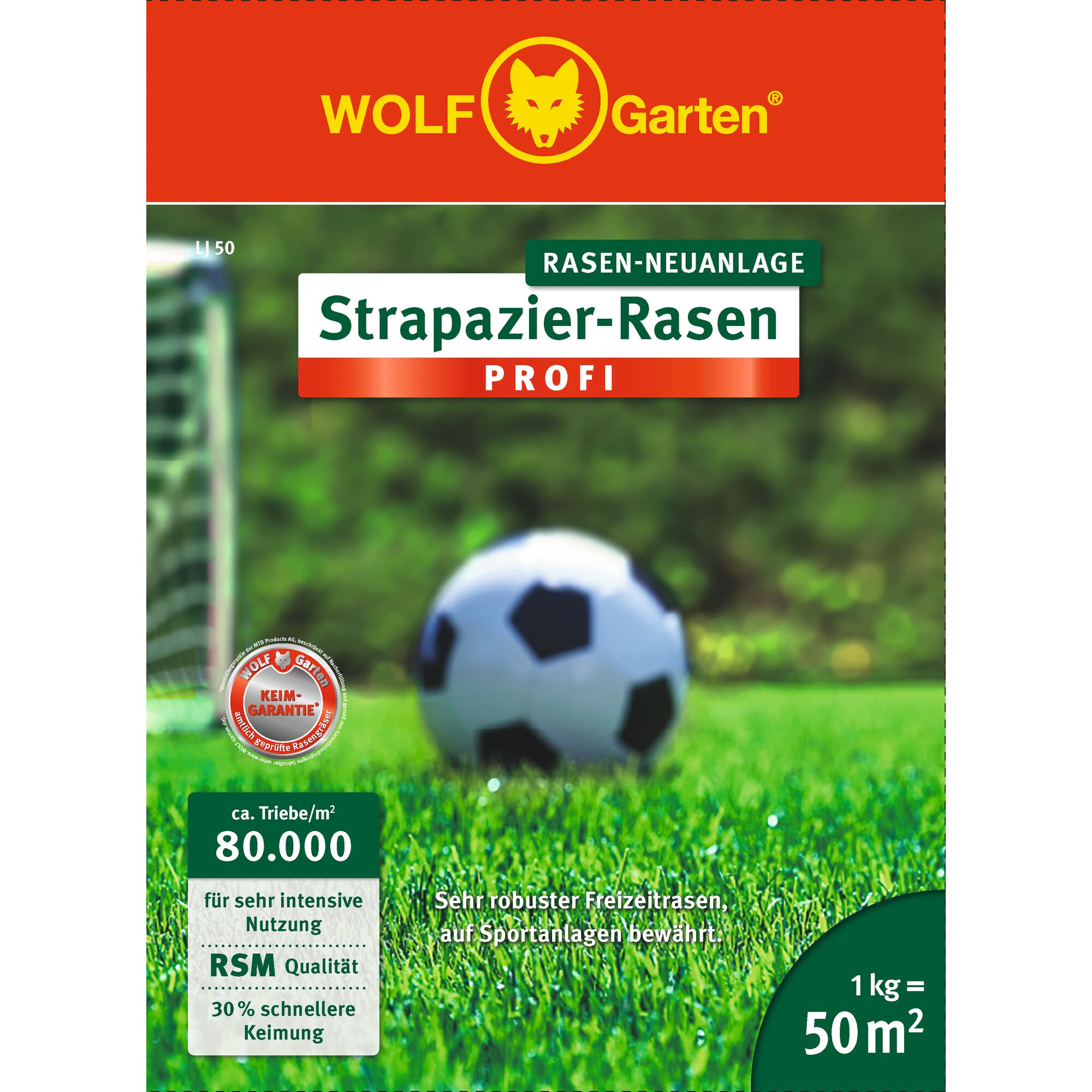 Packaging of WOLF Garten 'Strapazier-Rasen Profi' lawn seed. The image shows a close-up of green grass with a soccer ball in the background and a goal post. The packaging highlights information about its durability, suitability for sports fields, faster germination, and coverage of 1 kg for 50 m².