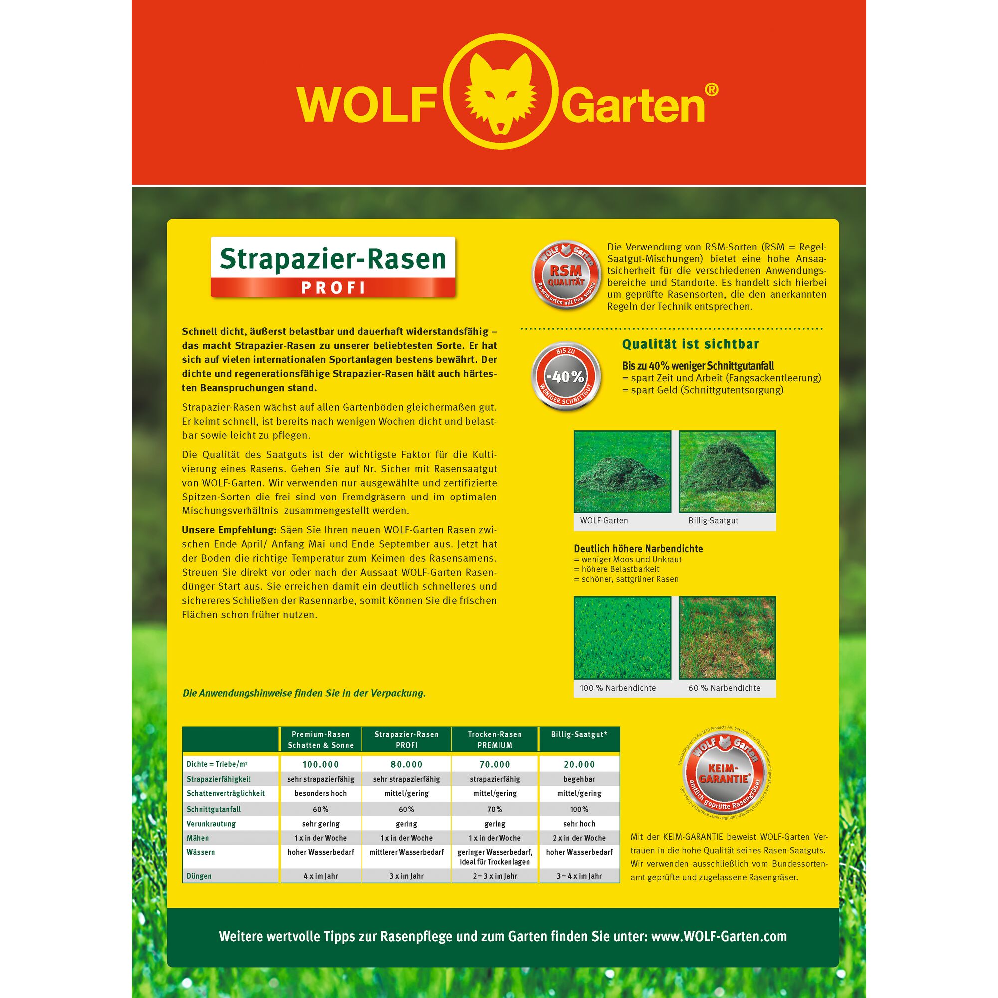 Product information sheet for WOLF-Garten 'Strapazier-Rasen Profi', featuring detailed descriptions, benefits, application instructions, and a comparison between WOLF-Garten lawn seed and cheaper alternatives. The sheet highlights qualities such as durability, density, reduced mowing waste, and quality guarantee. Visuals include the WOLF-Garten logo, comparison photos of different lawn qualities, and charts on lawn seed performance.