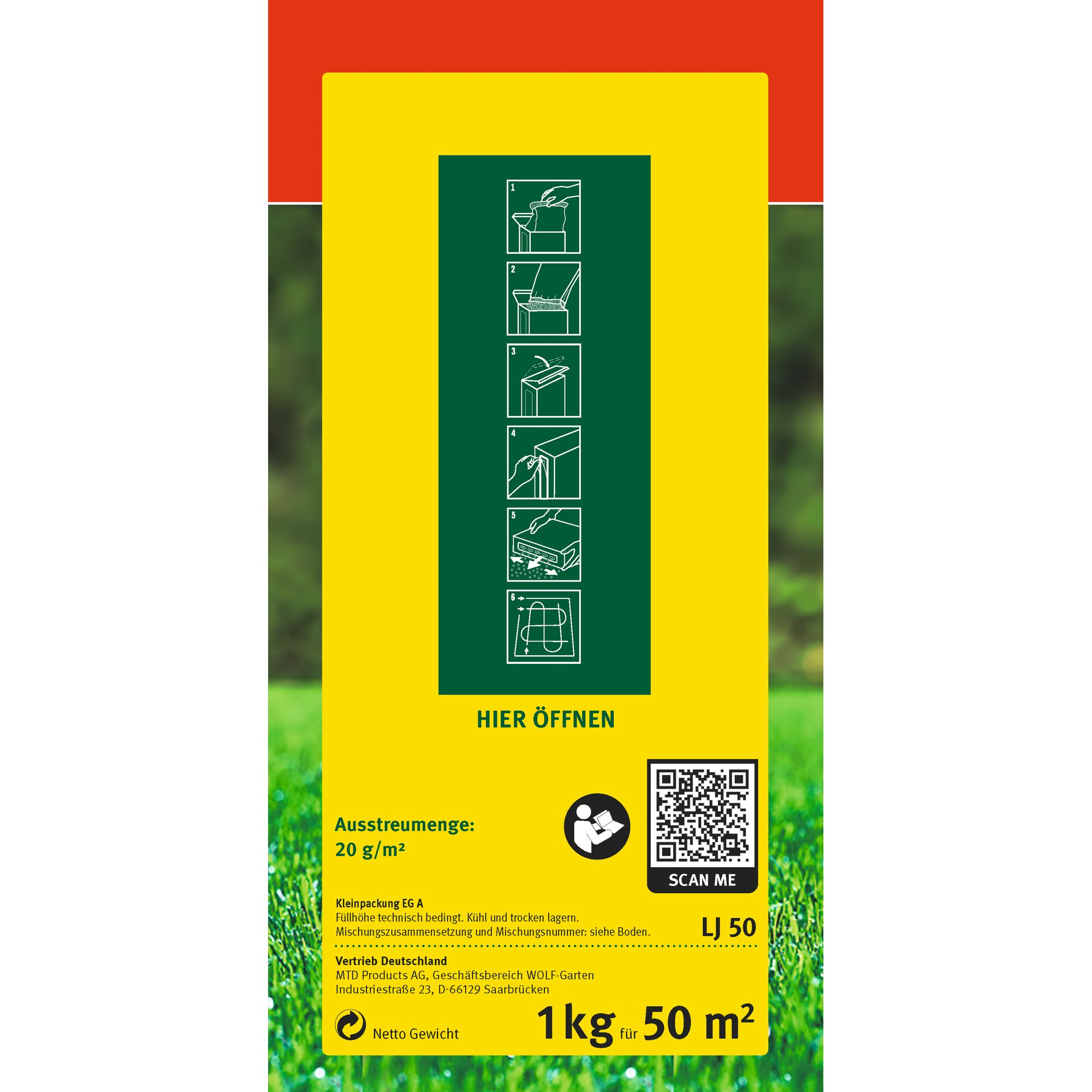 Front label of a WOLFGarten product package, featuring a yellow and green design with instructions illustrated in white boxes for opening and use. Text details include application rate, storage instructions, a QR code, and information for 1 kg covering 50 m².