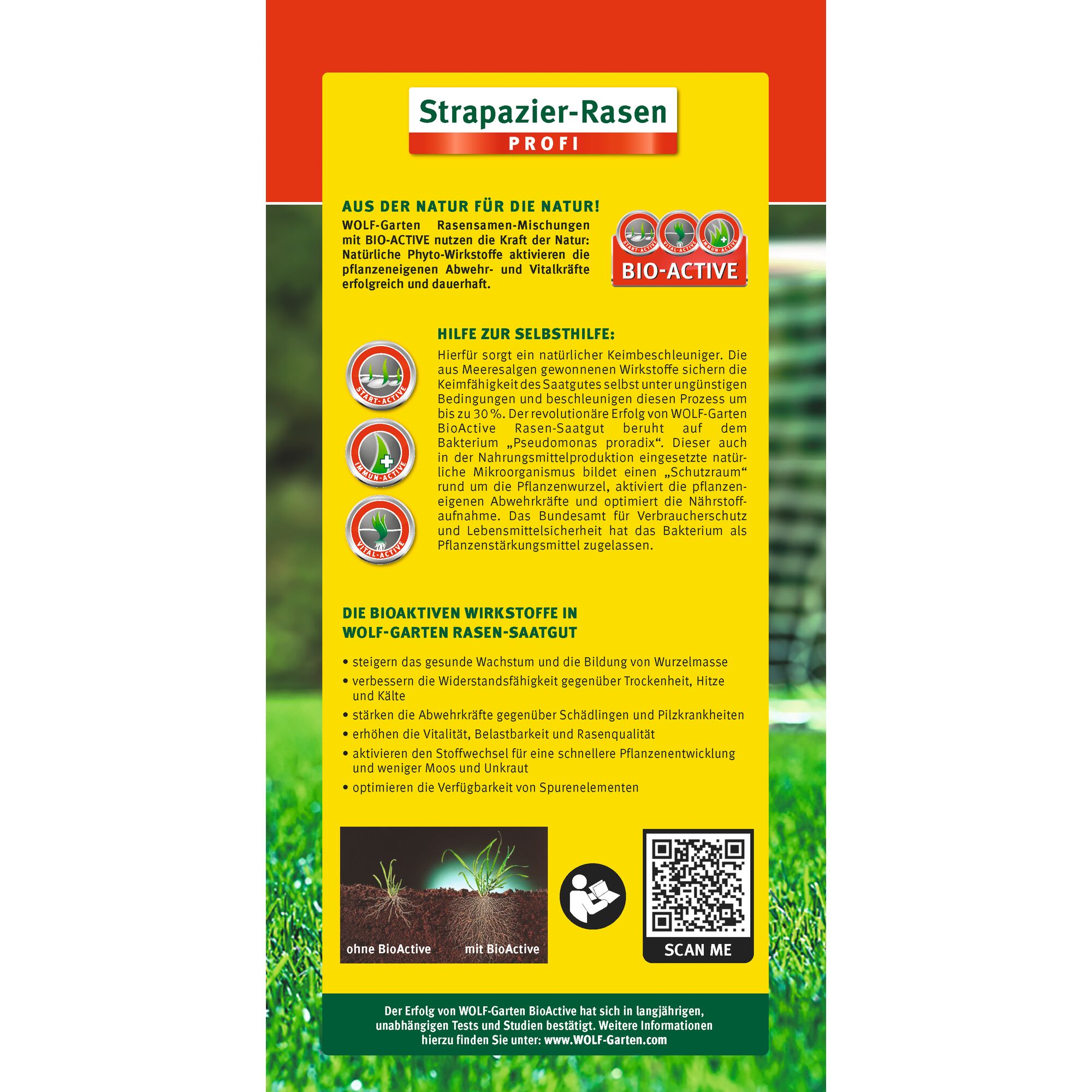 Vertical product information label for WOLF-Garten's Profi Strain-Resistant Lawn seed mix with BIO-ACTIVE, describing natural bioactive ingredients to boost lawn health and resilience. The label highlights benefits like improved germination, disease resistance, stress tolerance, and nutrient absorption. It includes a comparison graphic of lawns with and without BioActive, a QR code, and detailed German text on lawn care benefits.