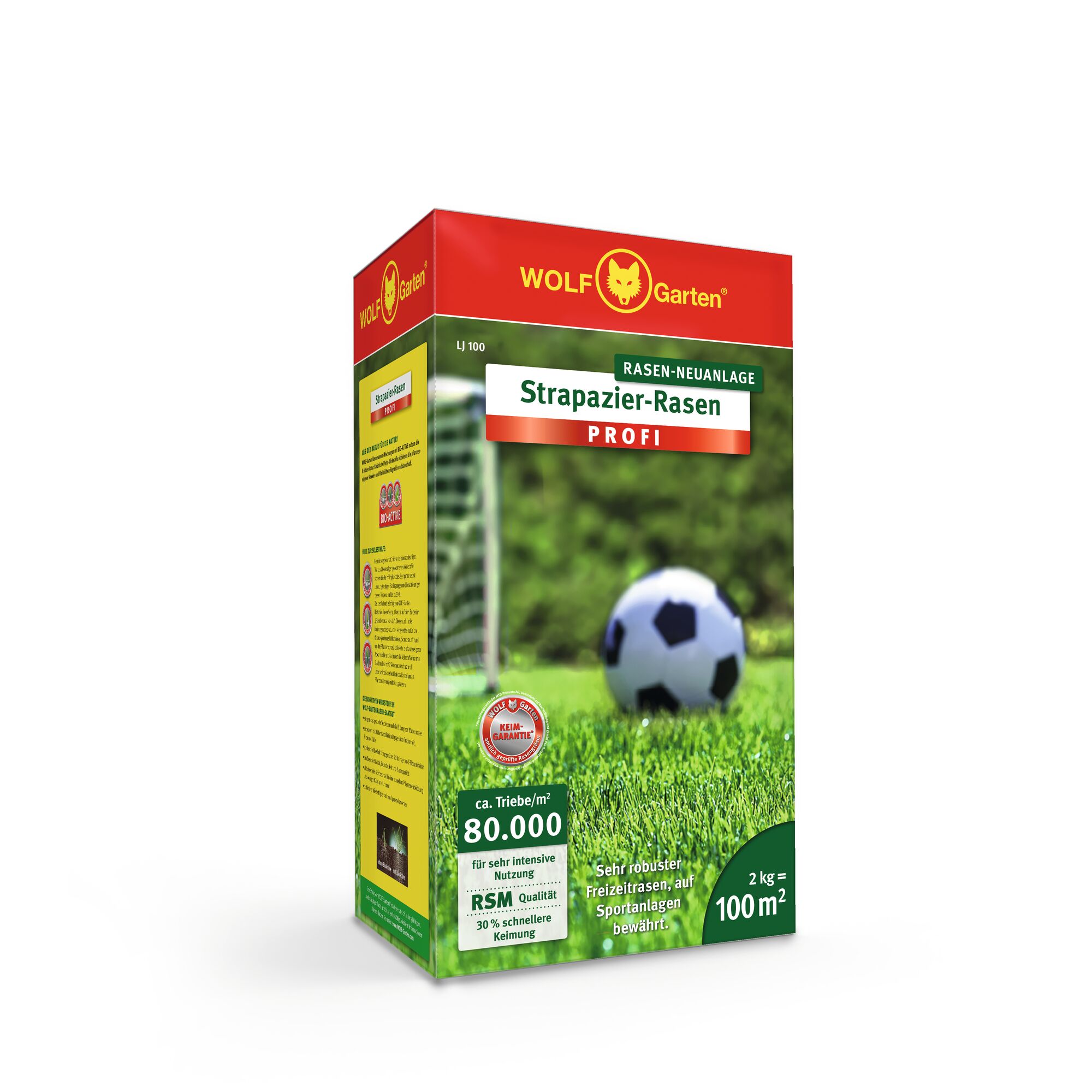 A box of WOLFGarten Strapazier-Rasen Profi lawn seed, showing soccer grass for intensive use, 2 kg for 100 square meters, with a soccer ball and goal on the front.