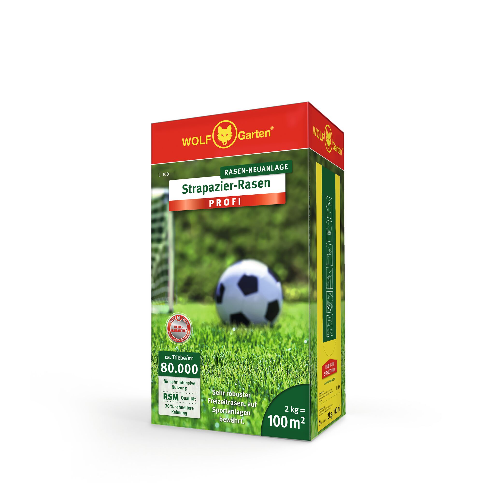 A box of WOLFGarten Strazapier-Rasen Profi lawn seed for sports or recreational use. The packaging features a soccer ball on grass, with product information such as coverage of 100 square meters and weight of 2 kilograms.