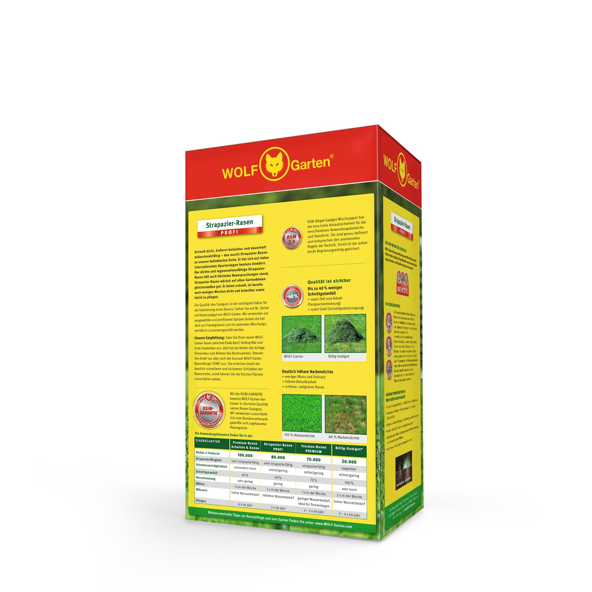 A yellow and red box of WOLF Garten lawn seed, featuring detailed product information, comparison images of lawn quality, and charts about lawn characteristics on the packaging.