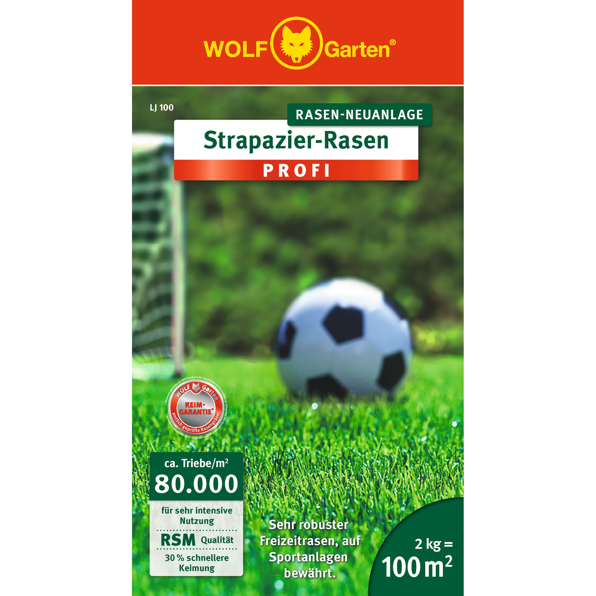 Packaging of WOLFGarten Strapazier-Rasen Profi lawn seed, featuring a soccer ball and goal on green grass. The package highlights its robustness for intensive use, suitable for sports fields and recreational areas, with coverage of 2 kg for 100 square meters.