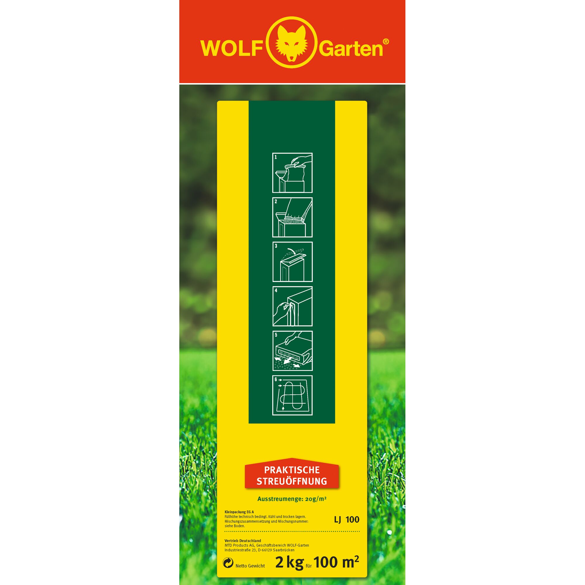 Front view of a WOLFGarten product packaging with red, yellow, and green colors. The package features the WOLFGarten logo at the top, illustrated instructions in the center, and information about a practical spreading opening for lawn care at the bottom. The package mentions 2 kg for 100 m².