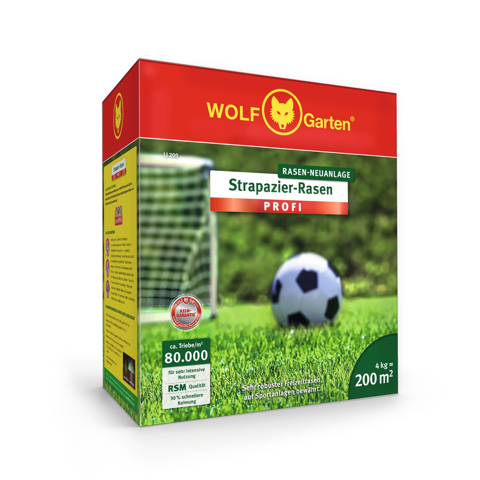 A box of WOLFGarten Profi durable lawn seed for sports or high-traffic areas, with a soccer ball and goal pictured on the front. The packaging indicates 4kg covers 200m² and features a red and green color scheme.