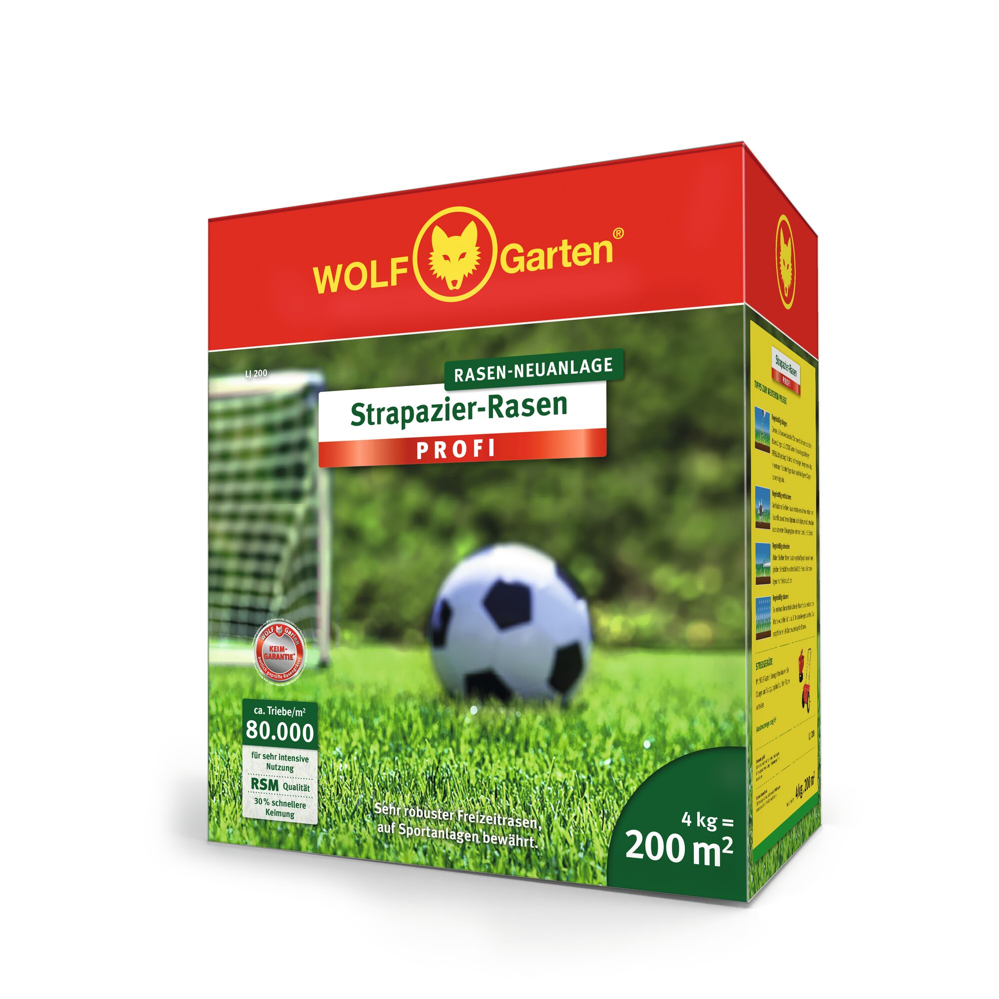 A box of WOLFGarten Strapazier-Rasen Profi grass seed, designed for durable lawns and sports fields. The packaging features a soccer ball on green grass with a goalpost in the background, highlighting coverage for 200 square meters (4 kg) and information for intensive use.