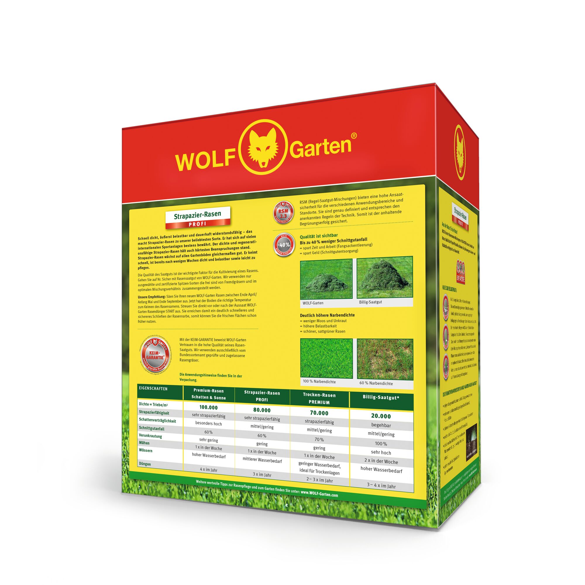 A rectangular box of WOLF Garten lawn seed product featuring a bright red top with a yellow wolf logo and detailed information in German on the yellow main section. The packaging compares different lawn types and includes photos of grass, charts, and instructions.