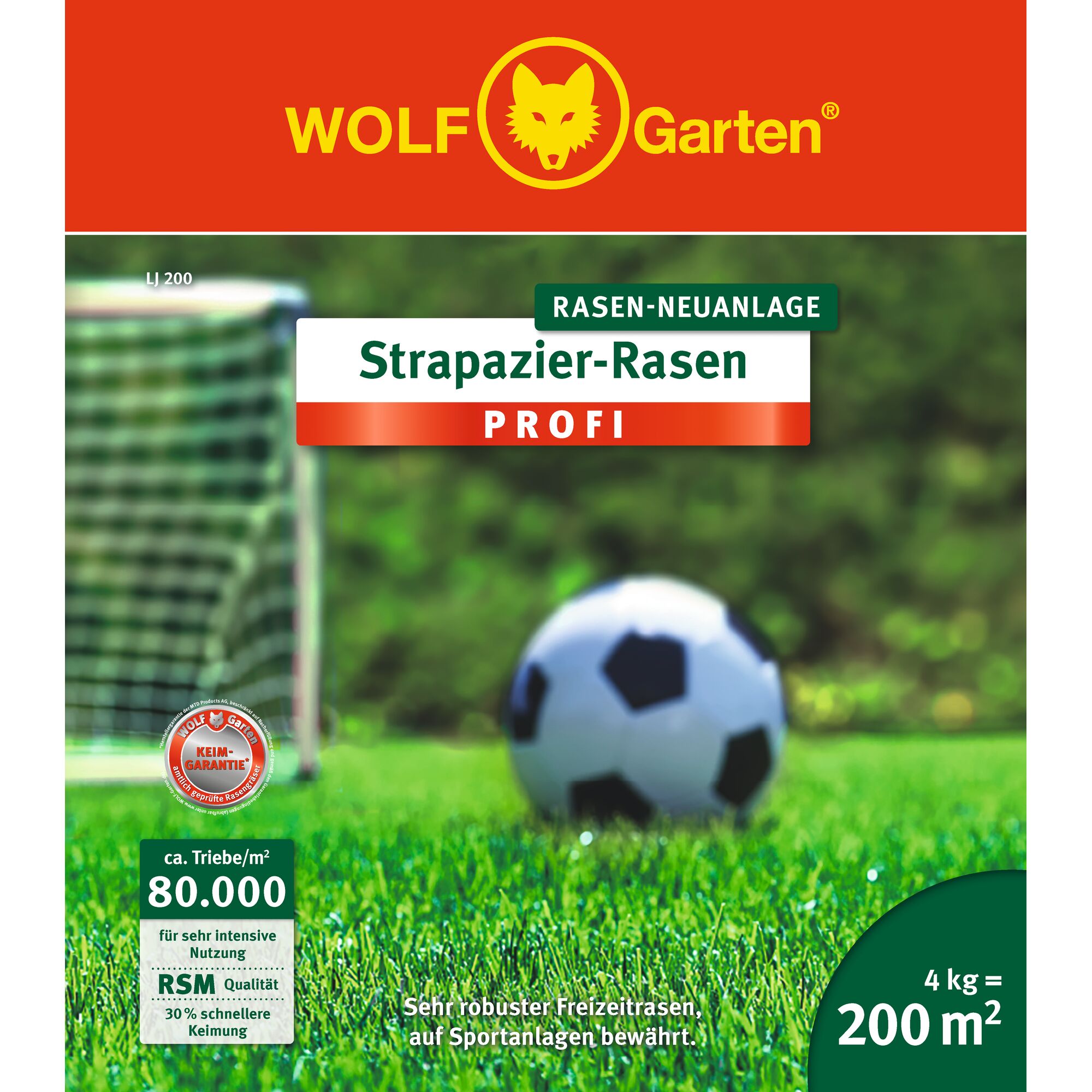 Packaging of WOLFGarten Strapazier-Rasen Profi lawn seed, showing a soccer ball on a green lawn in front of a goal net. The label highlights lawn durability for intensive use and covers 200 square meters with 4 kg of seed.