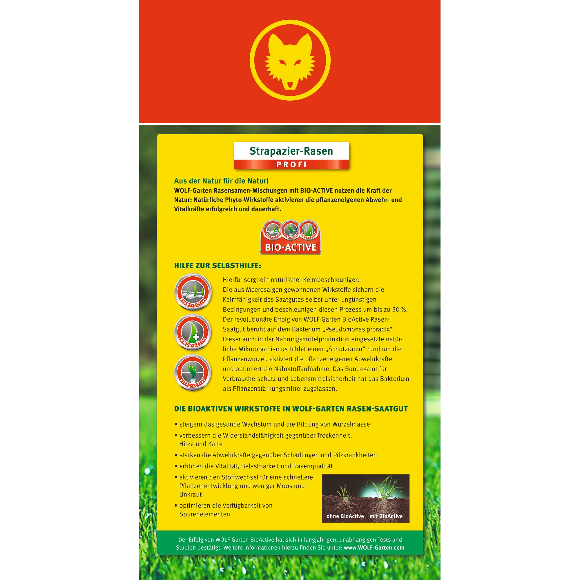 Front packaging of WOLF-Garten's 'Strapazier-Rasen Profi' lawn seed product, featuring the red WOLF-Garten logo at the top. The packaging describes benefits of BIO-ACTIVE plant substances for lawn growth, resilience, and self-help against environmental stress. It highlights features such as natural germ enhancers, improved growth, resistance to drought, heat and cold, enhanced defense against pests, and better absorption of nutrients.