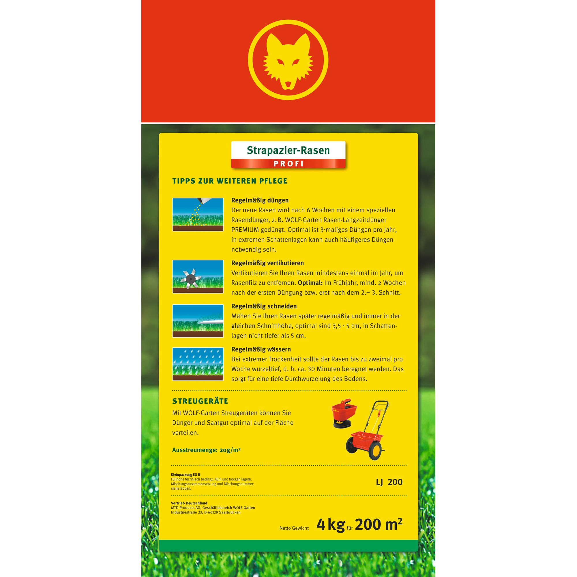 The image shows the packaging of a WOLF-Garten product called 'Strapazier-Rasen Profi'. The packaging features care tips for a durable lawn, including regular fertilizing, verticutting, mowing, and watering. It provides guidance on lawn maintenance and the use of spreading devices. The product is intended for photography category and covers an area of 200 m² with a net weight of 4 kg.