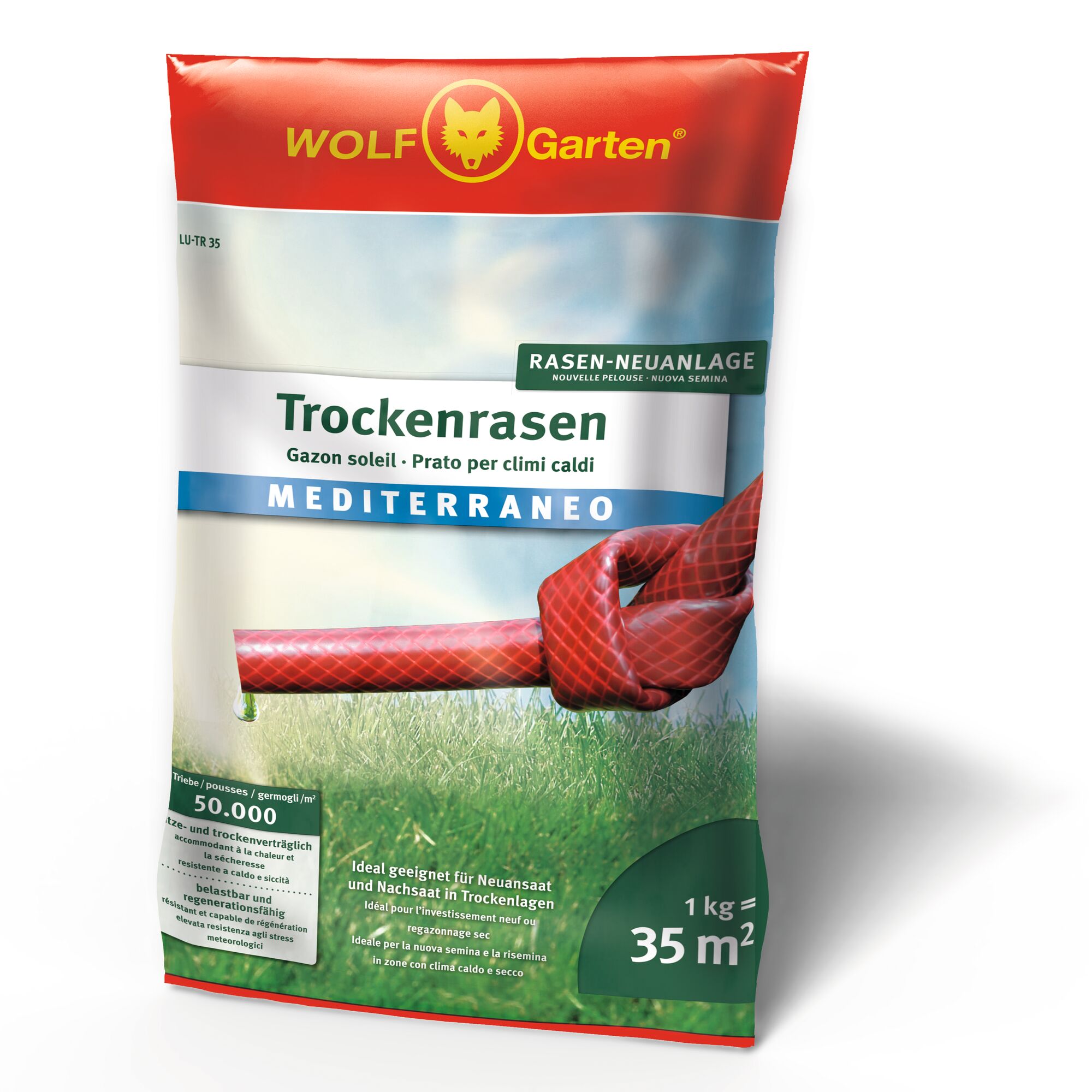 A package of WOLFGarten Trockenrasen Mediterraneo, lawn seed for dry and warm climates. The packaging features a red top with the WOLFGarten logo, product details in multiple languages, grass imagery, and a red garden hose tied in a knot. The bag states coverage of 35 square meters per 1 kg.
