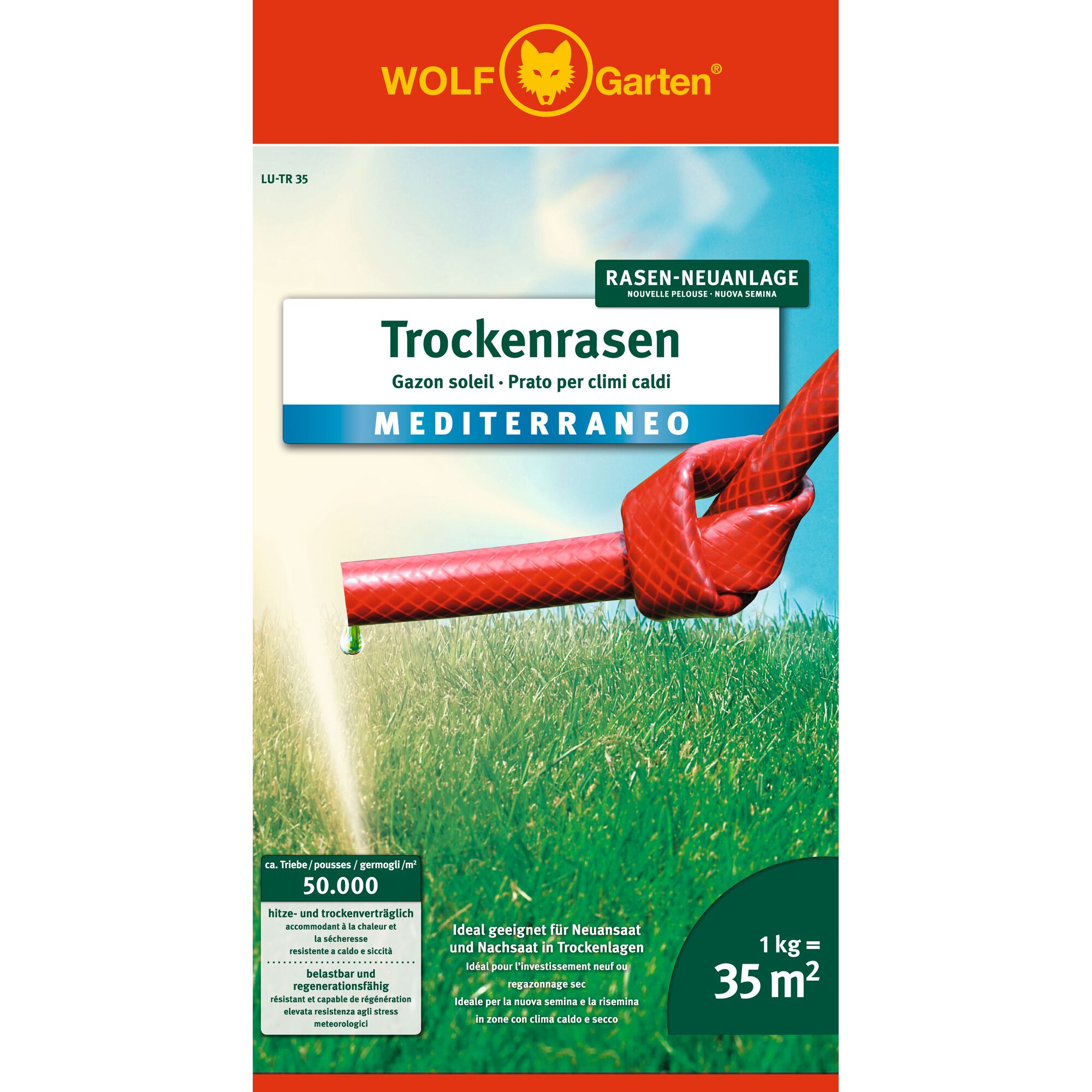 Packaging of WOLF Garten Mediterraneo dry lawn seed for sunny and warm climates. The bag is mainly red and green, showing a knot in a red garden hose on grass, with details about coverage area (1 kg = 35 m²), resistance to heat and drought, and product suitability for new sowing and overseeding in dry areas.