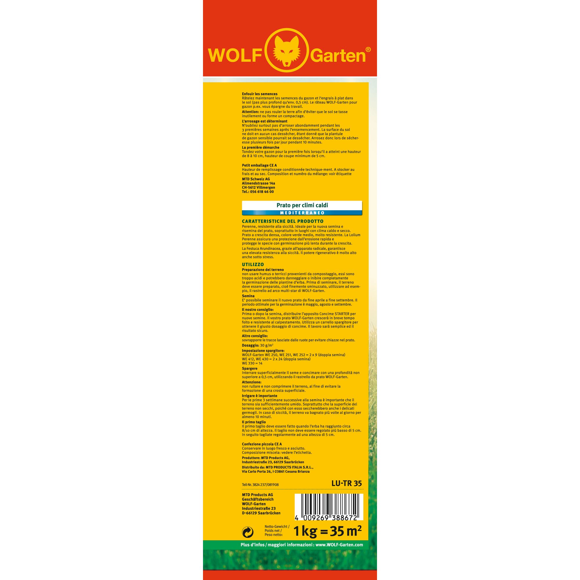 Vertical product packaging for WOLF Garten LU-TR 35 lawn seed, yellow and red design. Back side features product information, usage instructions, and barcode. Text in multiple European languages, main description for warm climate lawns. Package dose: 1 kg covers 35 square meters.
