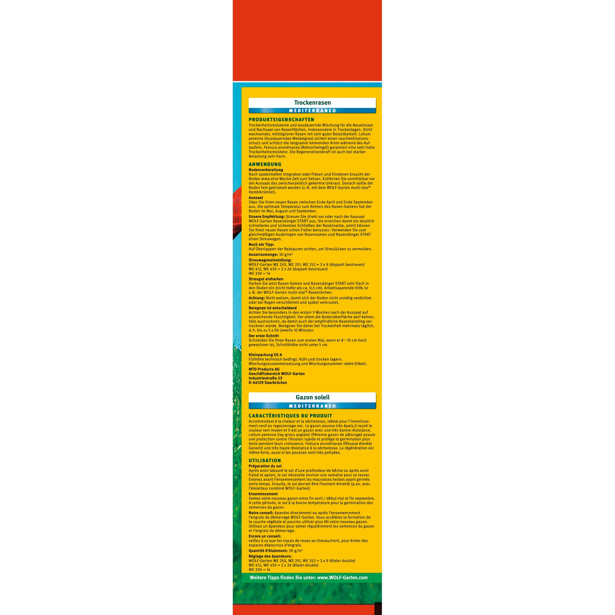 A tall product label for WOLFGarten, SKU 3824010, from the Photography category, featuring instructions and product details in German and French. The label has an orange top border and a blue box with a yellow background containing text describing the product’s characteristics and application instructions. It includes the terms 'Trockenrasen' (Dry Lawn) and 'Gazon soleil' (Sunny Lawn) and details about Mediterranean lawn care, planting, and maintenance tips.