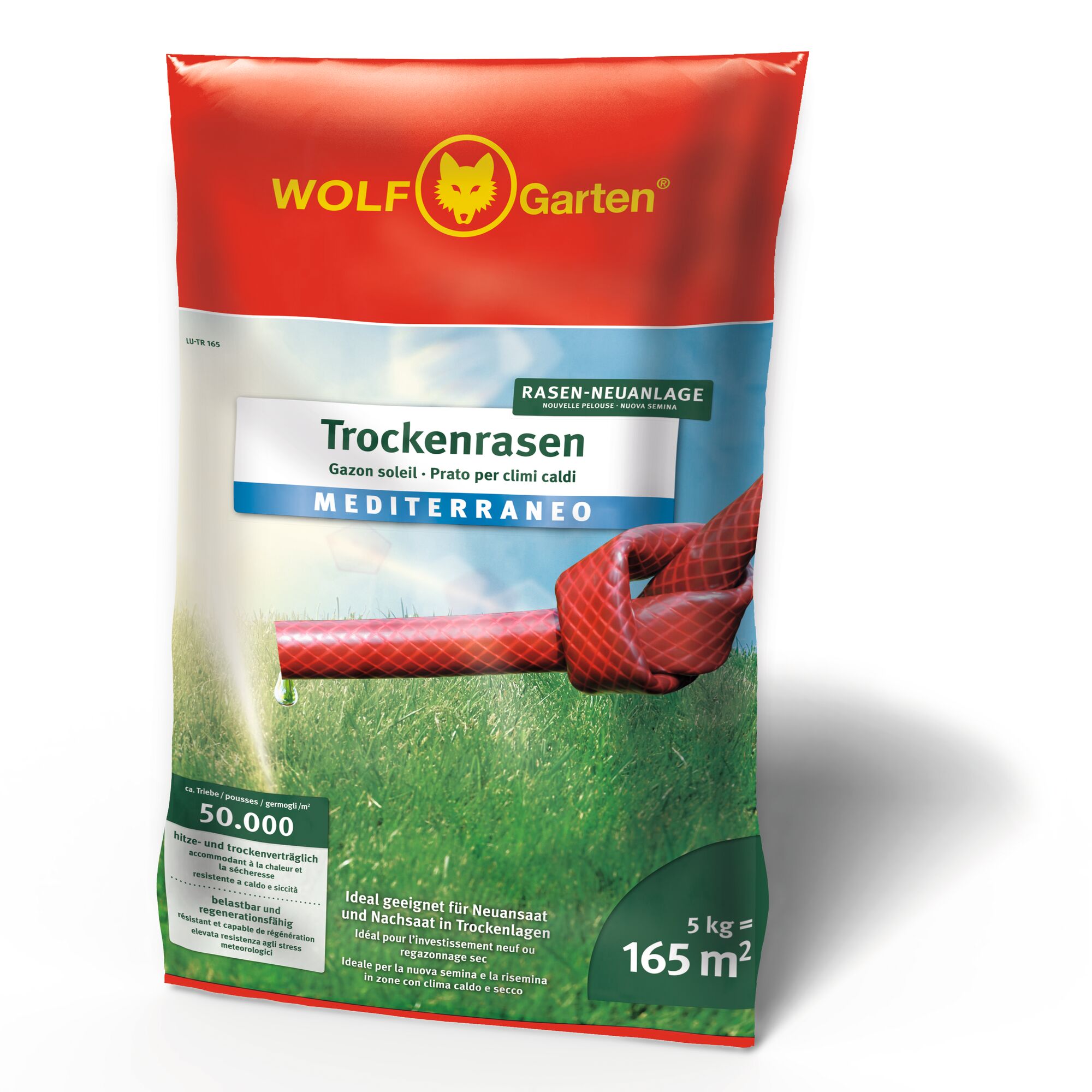 A package of WOLF-Garten Mediterranean dry lawn grass seed, for sunny and dry climates. The bag is red at the top and features a yellow wolf logo. It indicates suitability for areas of 165 square meters, weighing 5 kg, and highlights resistance to heat and drought.