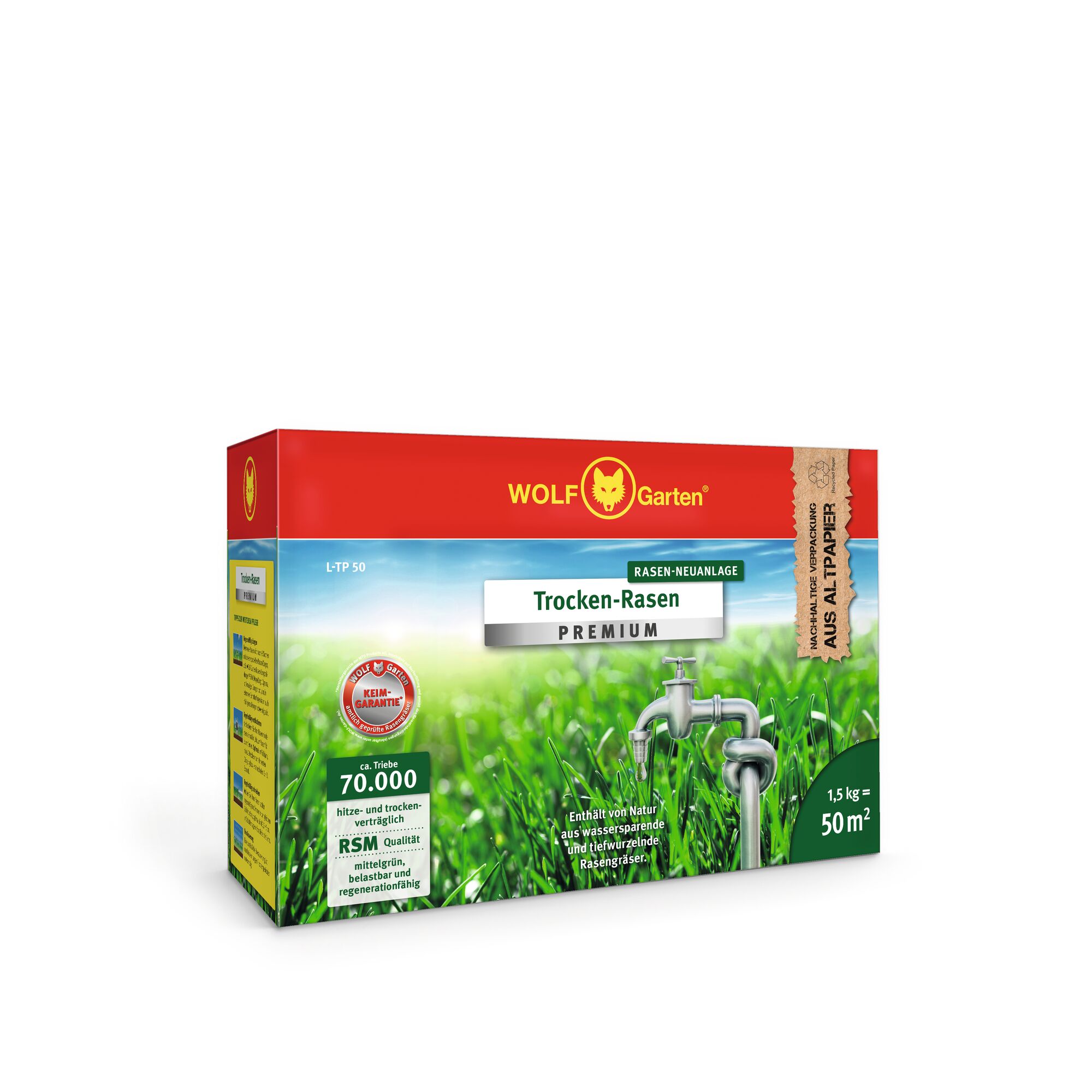 A box of WOLF-Garten Trocken-Rasen Premium lawn seed with a red and green design. The packaging shows green grass and a metal water tap, with text in German indicating the product is suitable for dry environments. The box is labeled for 1.5 kg and covers 50 square meters.