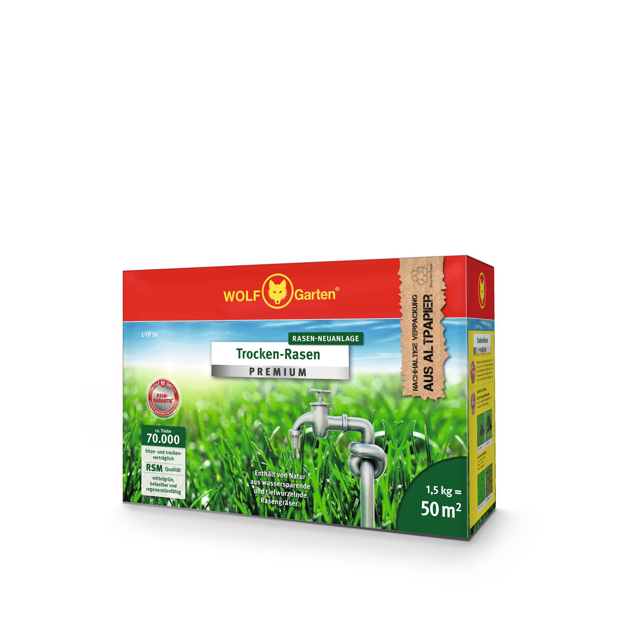 A box of WOLFGarten dry lawn premium grass seed, designed for new lawn installations. The packaging is red and green, features the product name 'Trocken-Rasen PREMIUM', an image of fresh green grass with two metal faucets, and details such as coverage for 50 square meters and 1.5 kg weight.