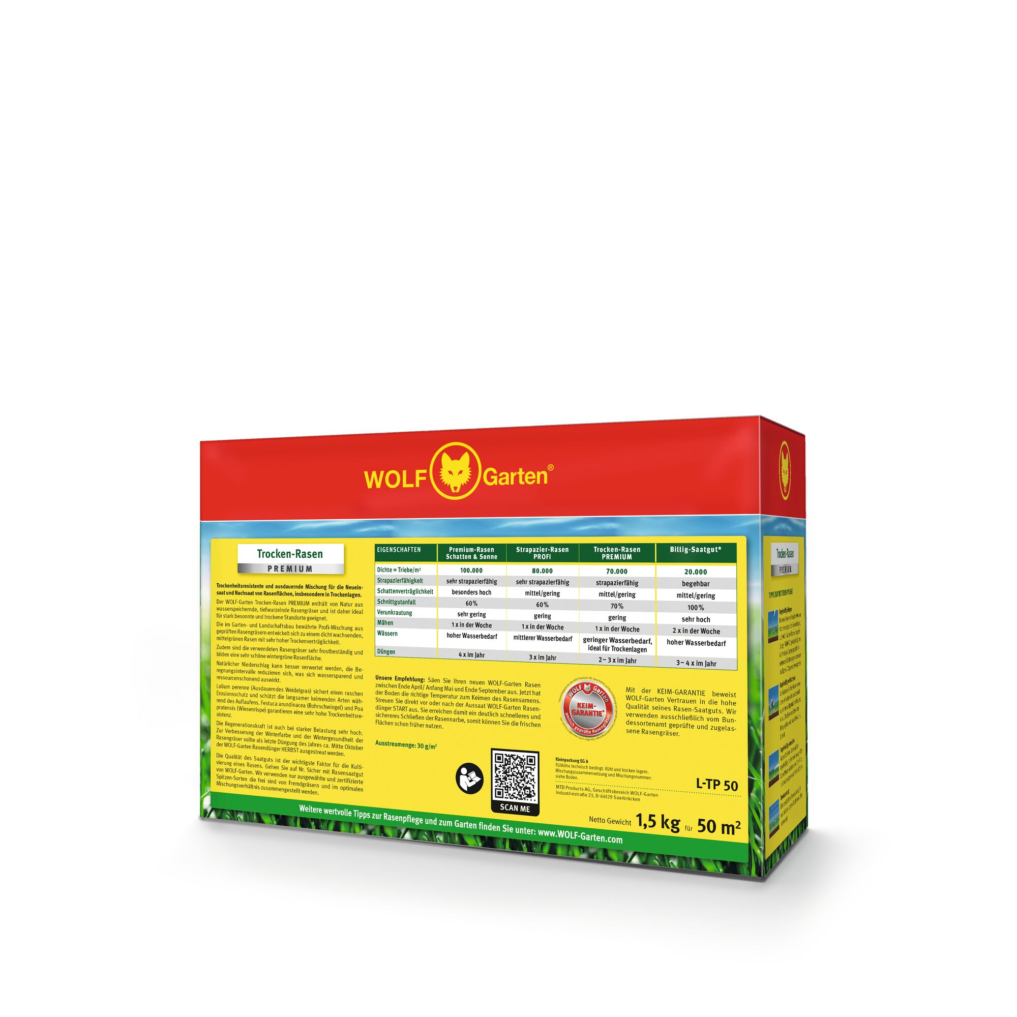 A box of WOLF Garten dry lawn seed, featuring premium blend information and comparison table on the yellow and red packaging. The box highlights product details, usage instructions, QR code, and covers up to 50 square meters. Net weight is 1.5 kg.