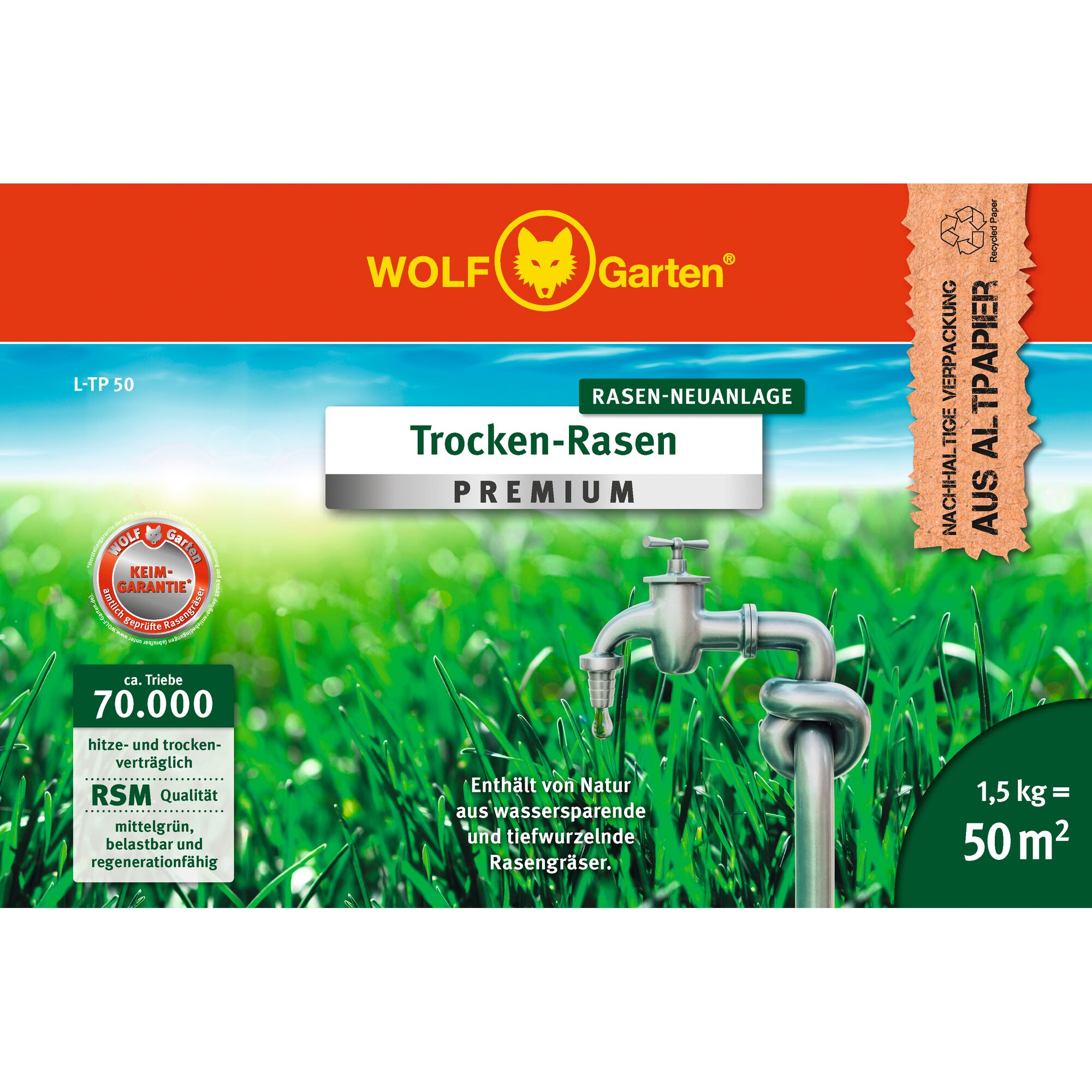 WOLFGarten LTP 50 lawn seed box, green grass and faucet, SKU 3824630, front angle, 50m² coverage.