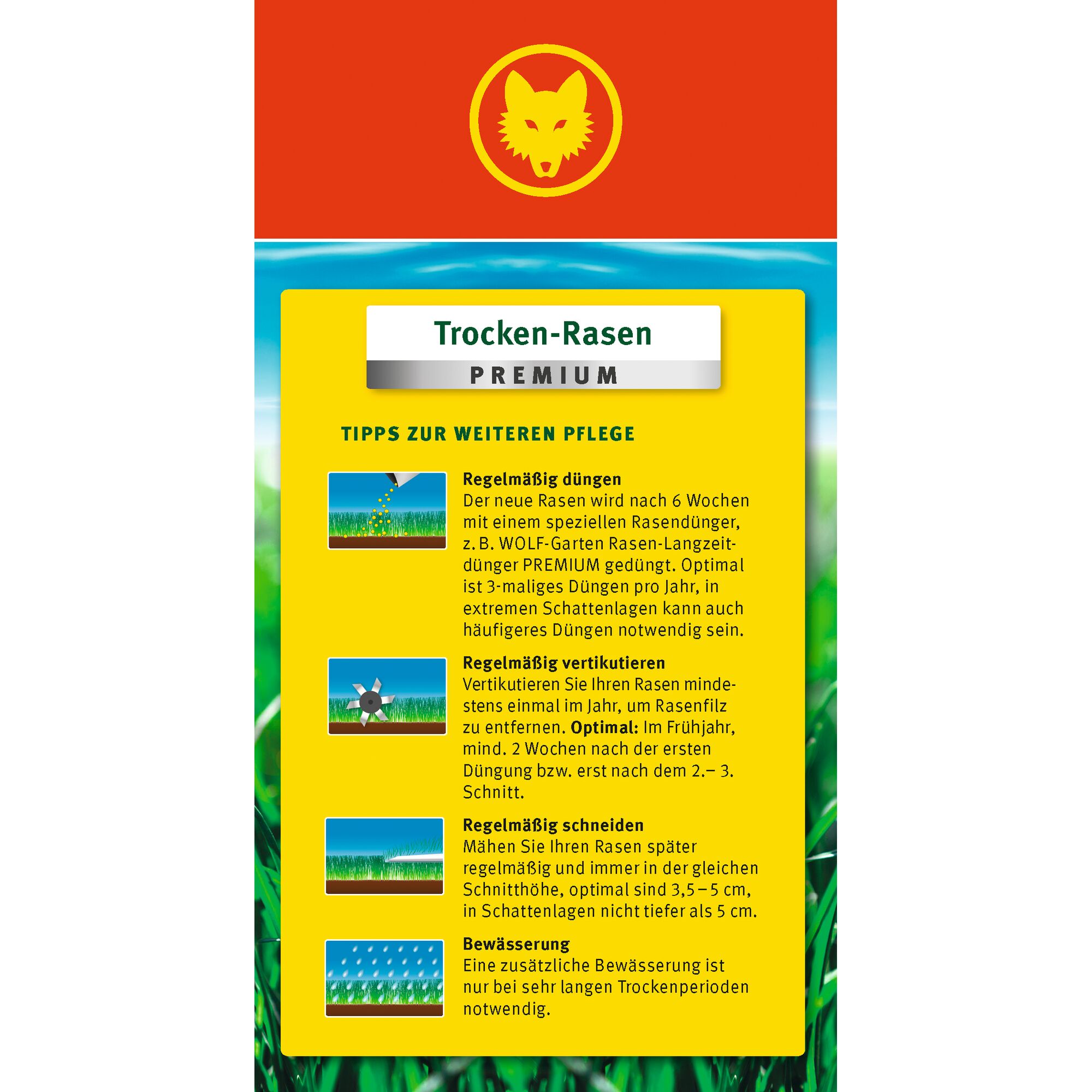 Product packaging for WOLF-Garten Dry Lawn PREMIUM. The yellow label section includes care tips for optimal lawn maintenance, such as regular fertilizing, aerating, mowing, and watering. The packaging features the WOLF-Garten logo at the top and illustrated icons next to each tip.
