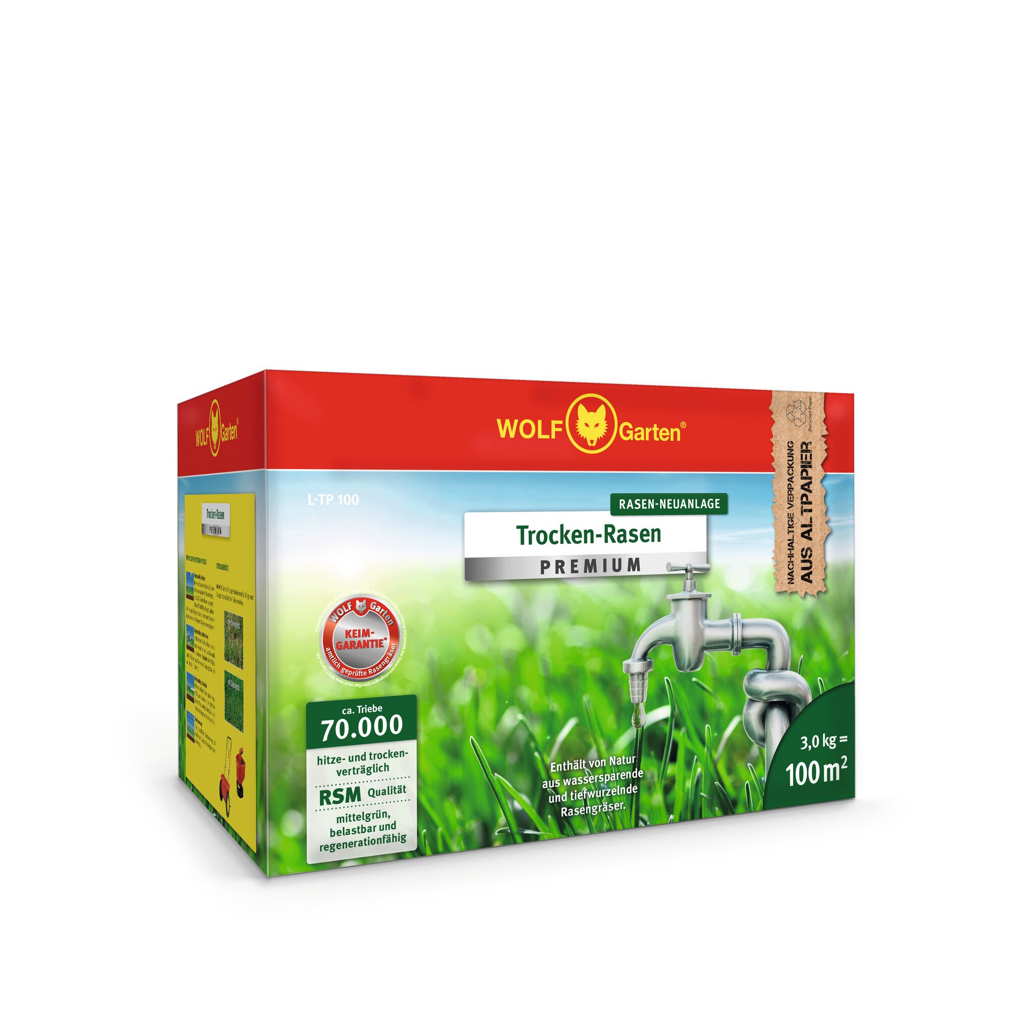 A box of WOLF Garten Premium Dry Lawn Seed (Trocken-Rasen), suitable for creating new lawns that are resistant to heat and drought. The packaging features green grass and taps, with product details such as coverage for 100 square meters and a 3 kg weight.