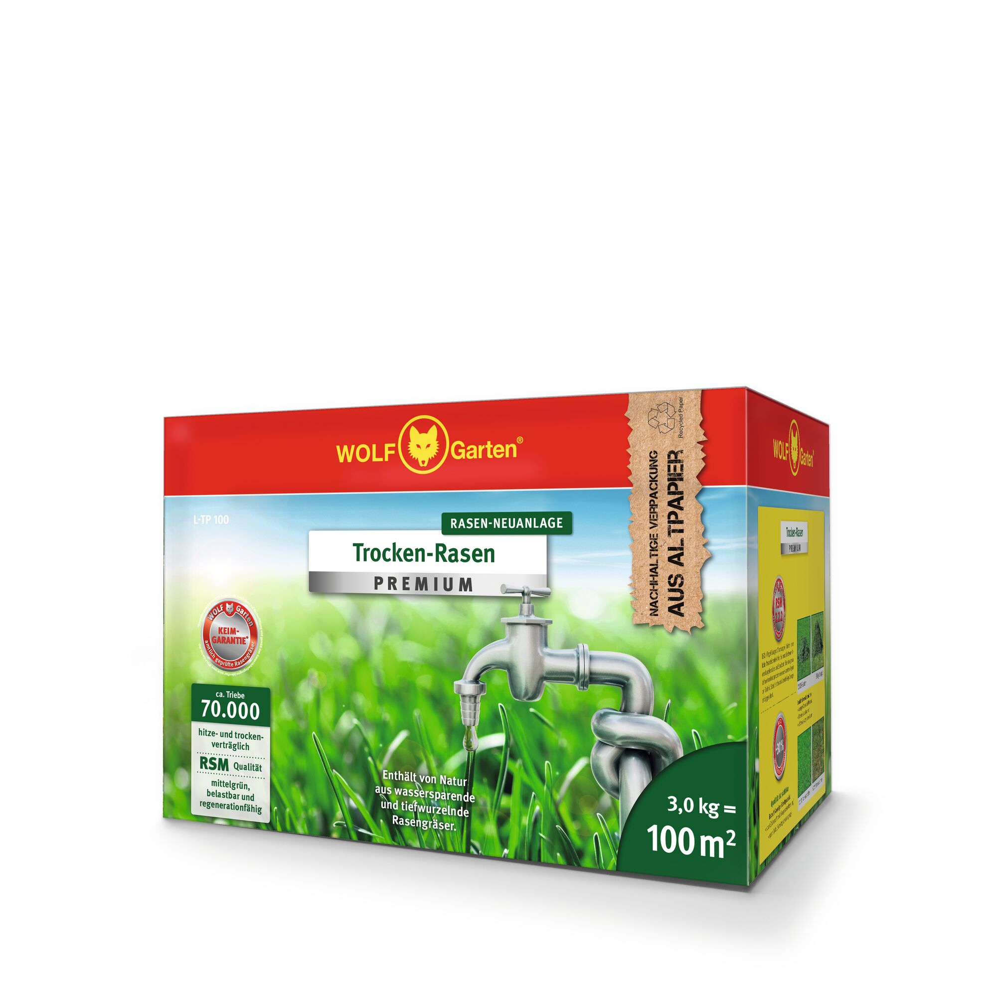 A box of WOLF Garten Trocken-Rasen Premium lawn product, designed for dry and hot conditions, featuring a green grass image with a water faucet, product claims, and packaging details. The box is labeled for up to 100 square meters coverage and weighs 3.0 kg.