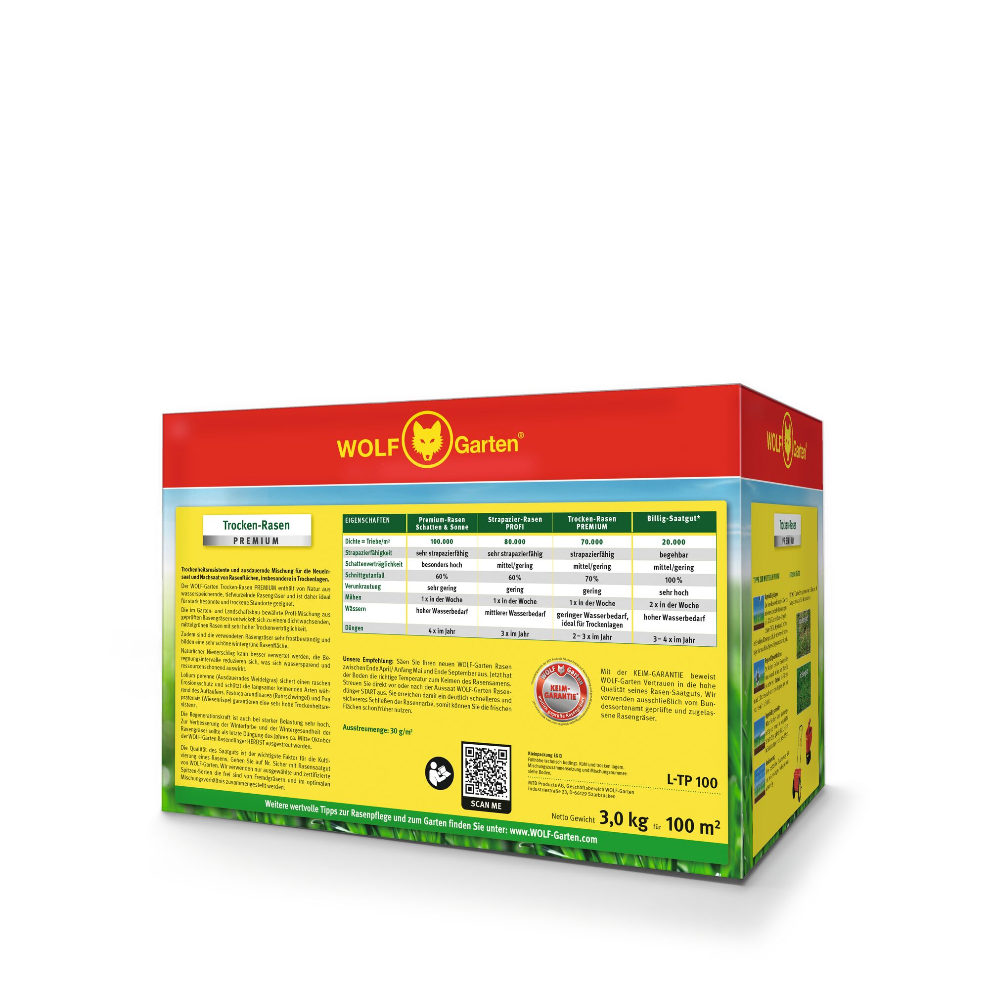 A rectangular box of WOLF-Garten branded lawn seed mix labeled 'Trocken-Rasen PREMIUM.' The packaging features a red and yellow design with product details, instructions, and a comparison chart on the back. The box states it covers 100 square meters and weighs 3 kg.