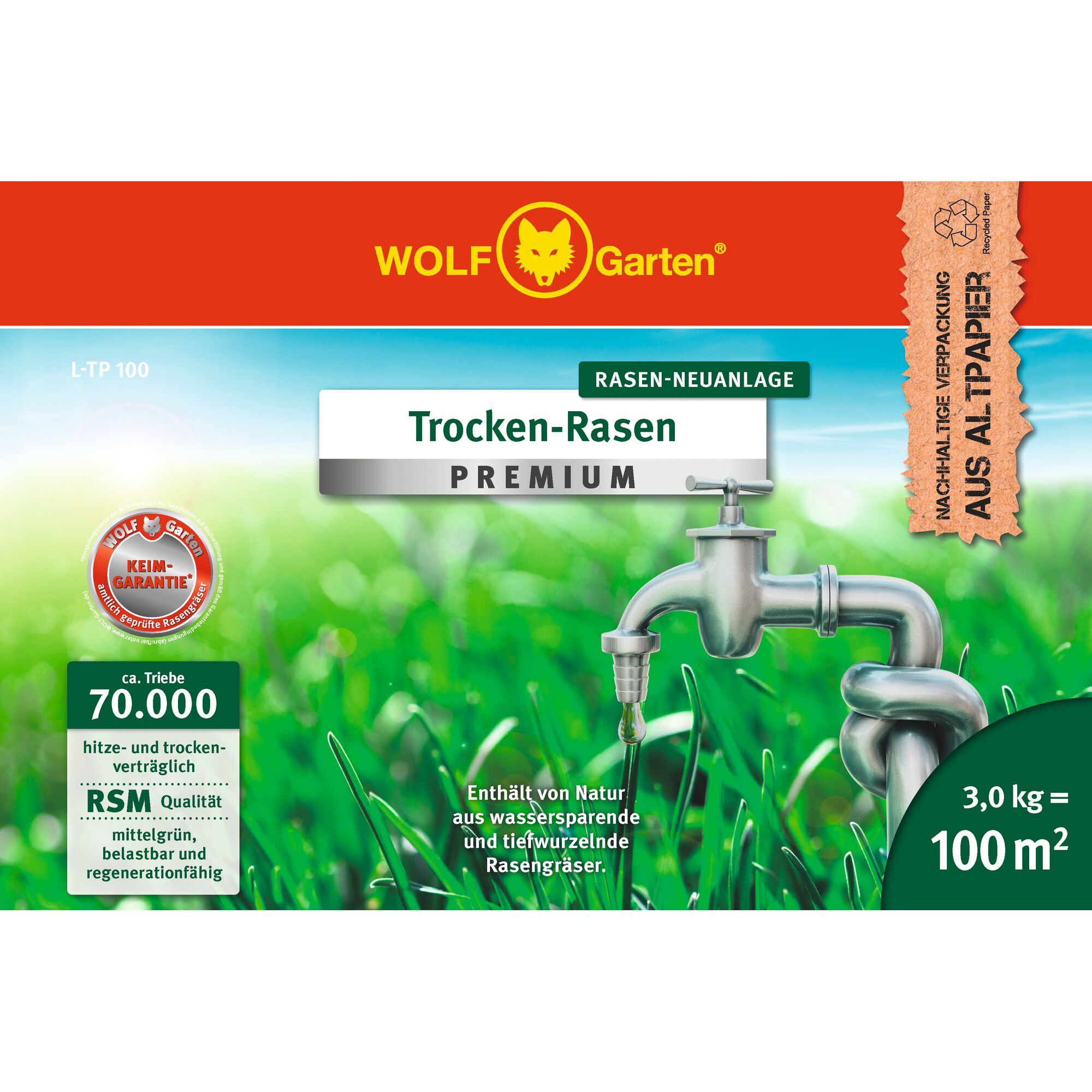 WOLFGarten Trocken-Rasen Premium lawn seed packaging with bright red and green design. Shows lush green grass, a silver water tap with a drop, and highlights features like drought resistance, 70,000 shoots, RSM quality, and sustainability with recycled paper.
