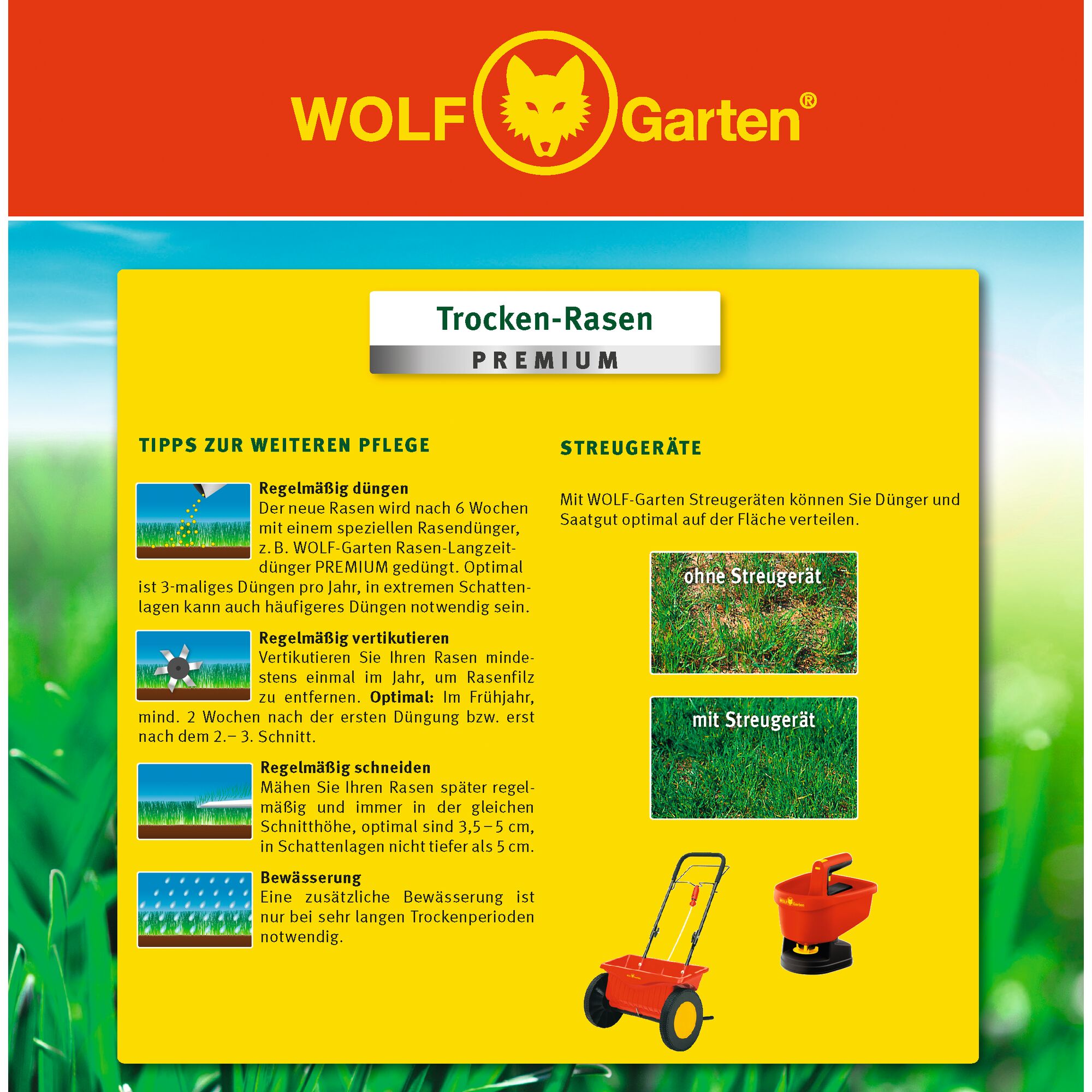 Product information sheet for WOLF-Garten's Dry Lawn Premium. The sheet has a yellow background and includes care tips for lawn maintenance, such as regular fertilizing, scarifying, mowing, and watering. There are images showing lawn with and without spreading equipment, and pictures of two WOLF-Garten spreaders. The WOLF-Garten logo is at the top.