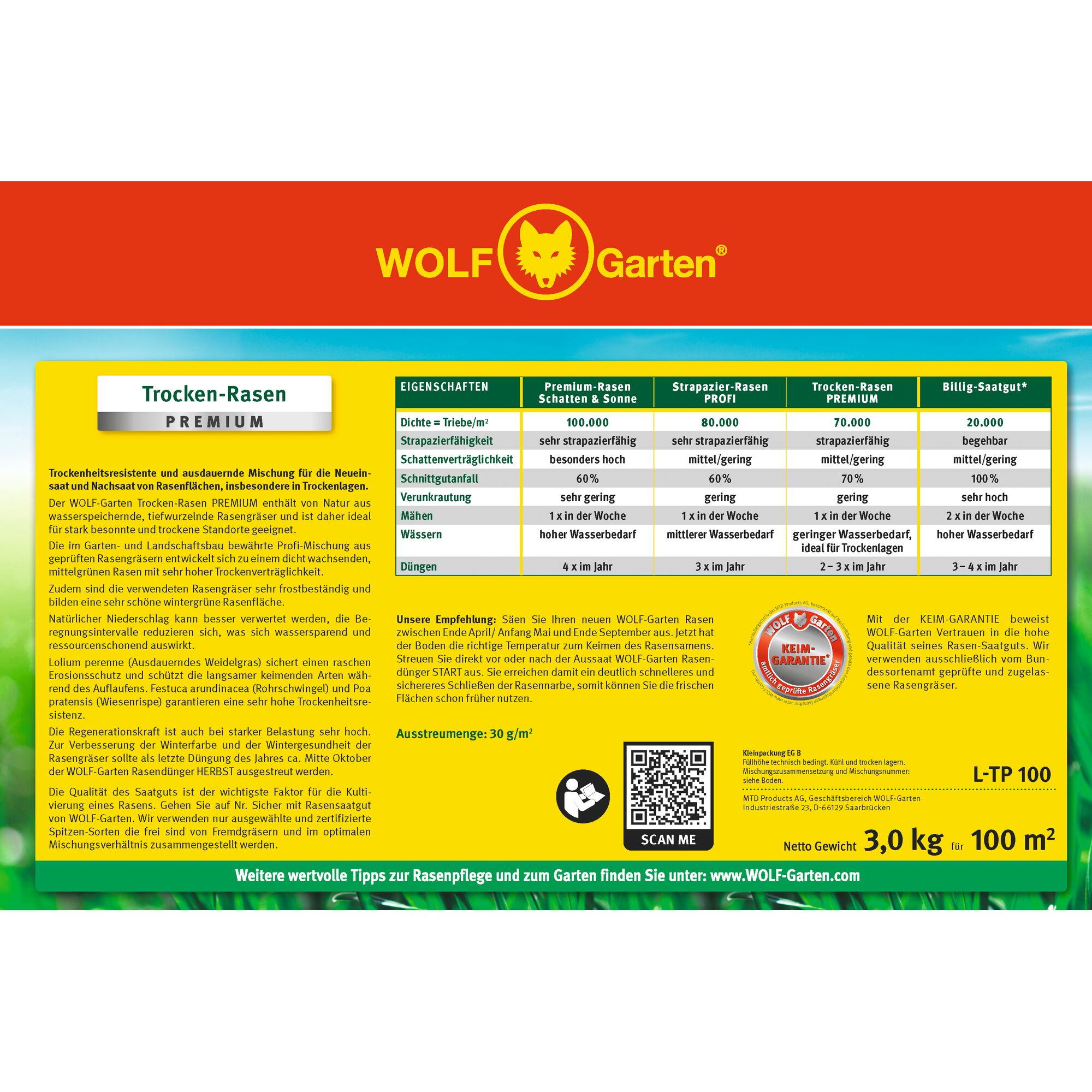 Product packaging for WOLF-Garten Trocken-Rasen Premium, a dry lawn seed mix. The label features detailed usage instructions, characteristics comparison table, and key benefits of the product. It includes icons, a QR code, a KEIM-GARANTIE seal, and information about suitable applications, recommended dosage, and net weight of 3.0 kg for 100 m². The design uses yellow and red colors, with the WOLF-Garten logo at the top center.