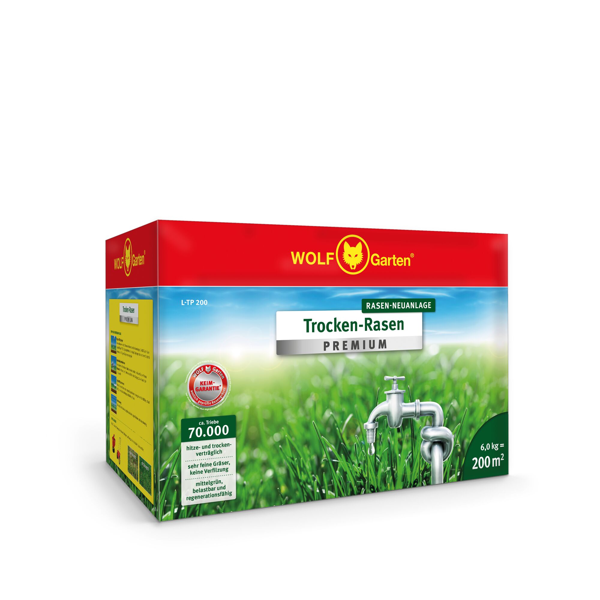 A product box of WOLF Garten Trocken-Rasen Premium, showing a red and green packaging with grass and metal water taps. The box mentions suitability for 200 square meters, heat and drought tolerance, and contains 6.0 kg.